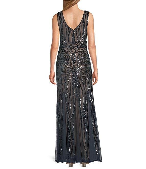 R & M Richards Sleeveless V-Neck Godet Skirt Embellished Long Sequin Dress Product Image