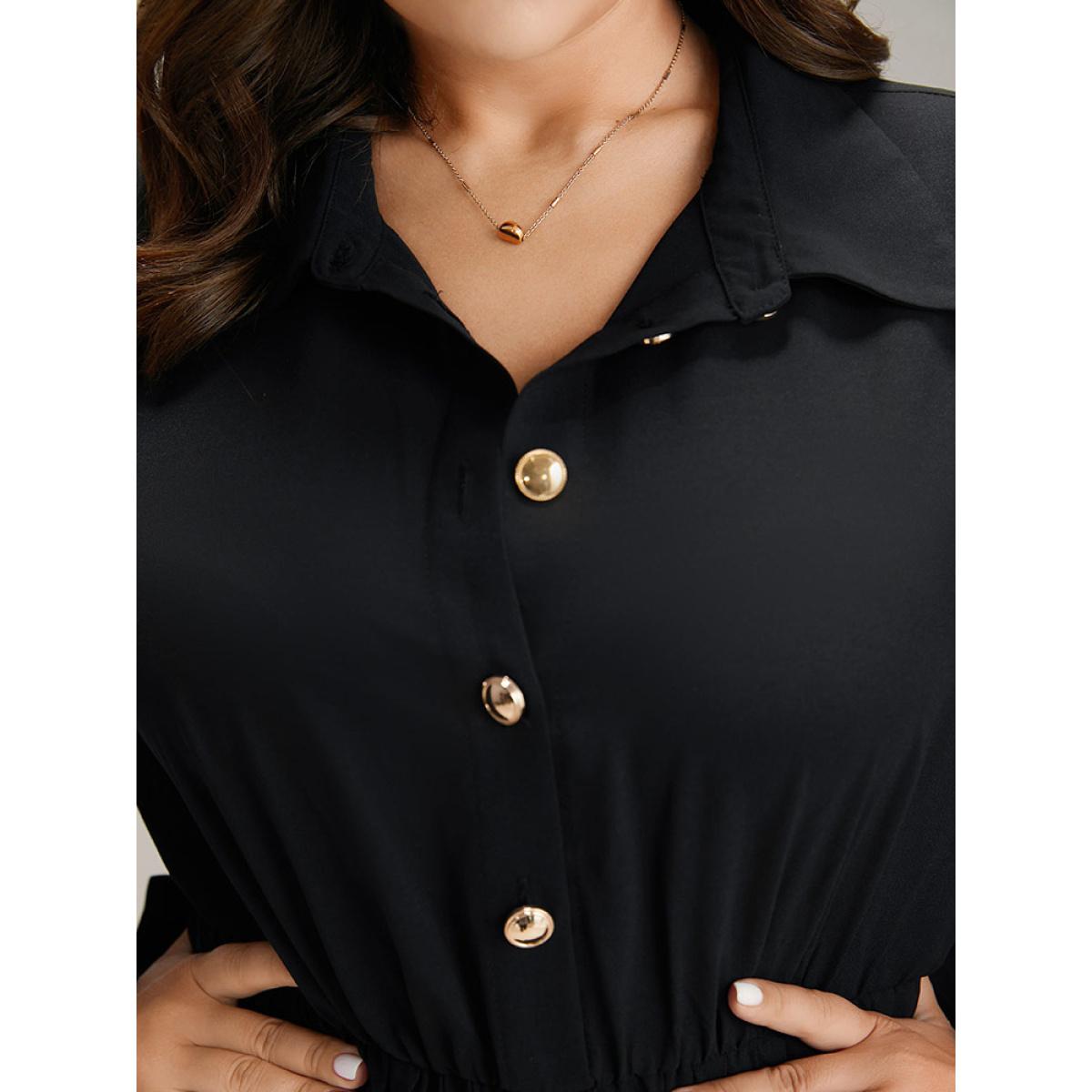 Plus Size Solid Shirt Collar Pleated Metal Detail Dress Black Women Office Plain Shirt collar Long Sleeve Curvy Midi Dress BloomChic 14-16/1X Product Image