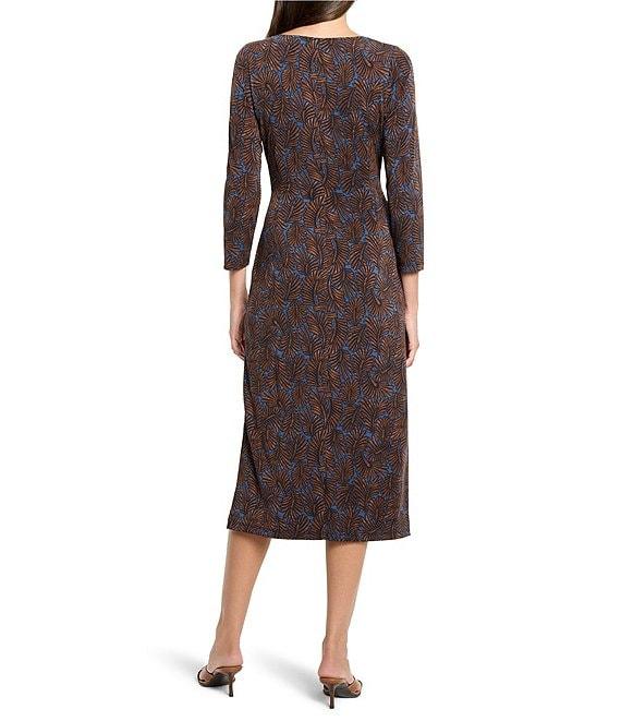 NIC + ZOE Feather Fern Knit Round Neck 3/4 Sleeves Side Twist Midi Dress Product Image