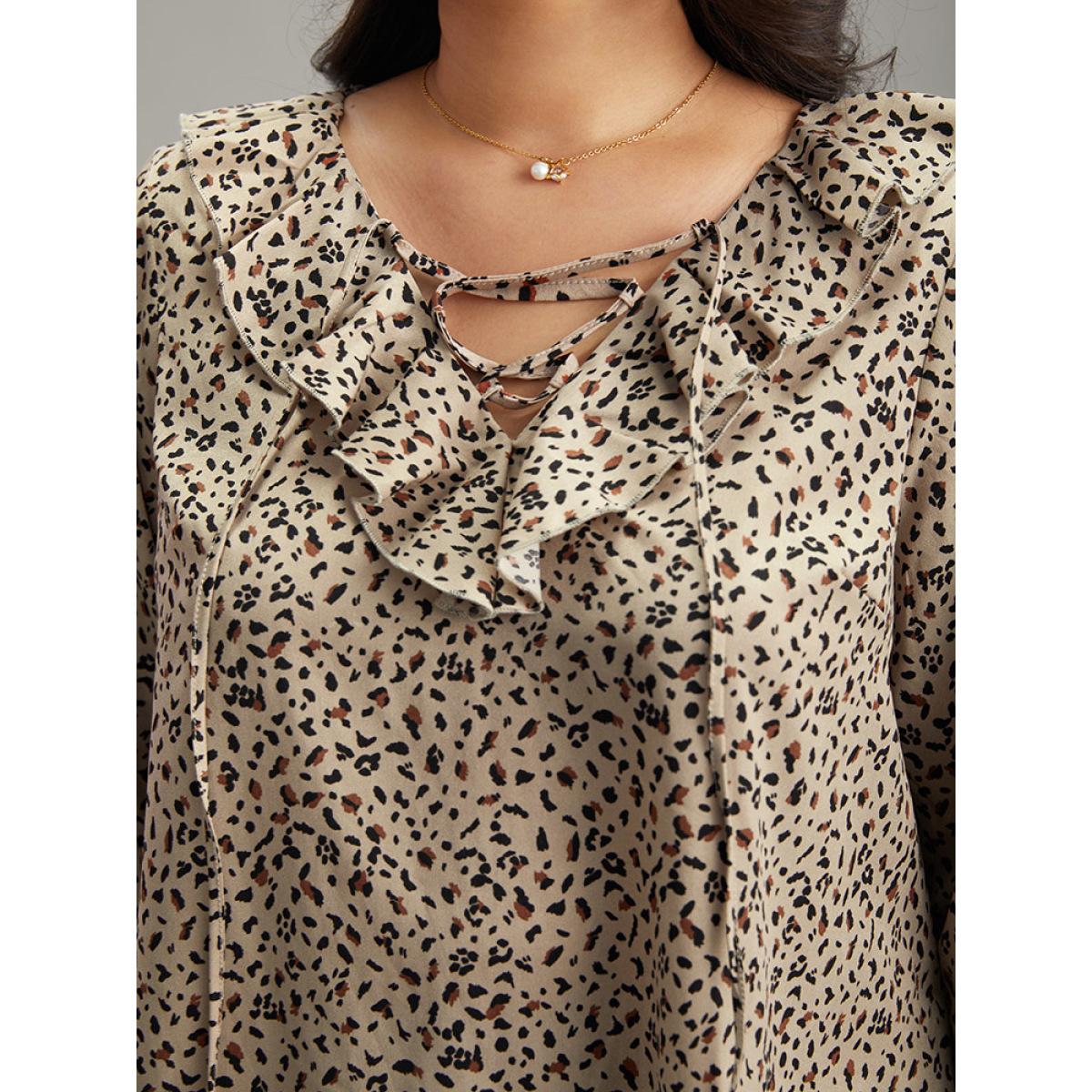Plus Size Apricot Leopard Print Ties Flutter Trim Blouse Women Office Long Sleeve V-neck Work Blouses BloomChic 10/M Product Image