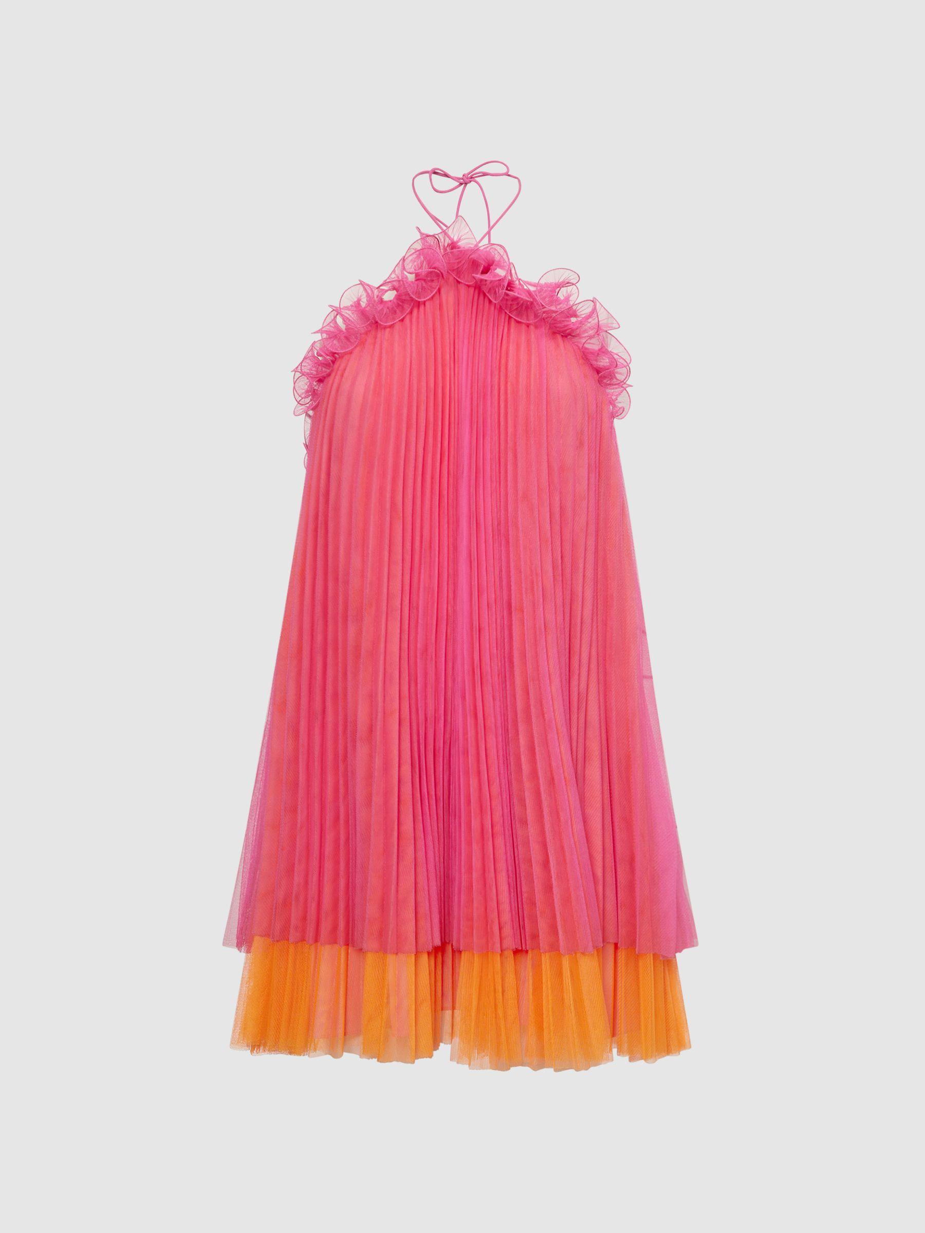 Amur Halter Neck Pleated Mini Dress in Orange Punch Product Image