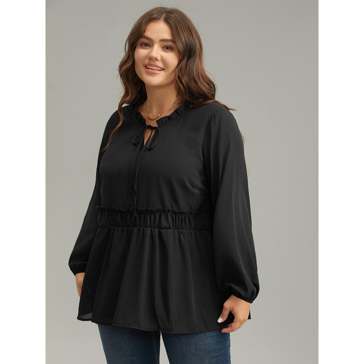 Plus Size Black Anti-Wrinkle Plain Shirred Frill Trim Gathered Tie Neck Blouse Women Casual Long Sleeve Tie Neck Everyday Blouses BloomChic 18-20/2X Product Image