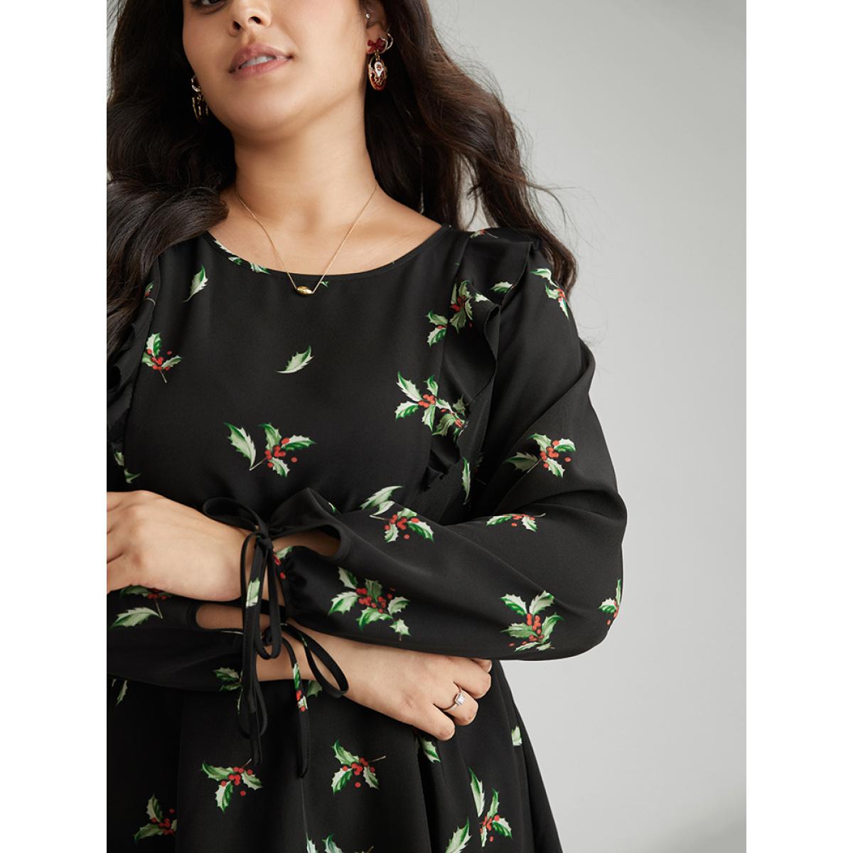 Plus Size Black Christmas Ruffles Elastic Waist Ties Lantern Sleeve Blouse Women Elegant Long Sleeve Round Neck Festival-Christmas Blouses BloomChic 26/4X Product Image