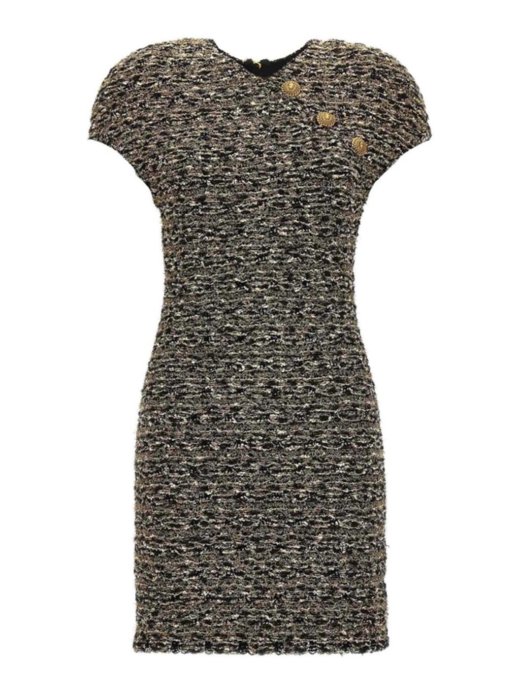 BALMAIN Button-embellished Metallic Bouclé-tweed Mini Dress In Black Gold Product Image