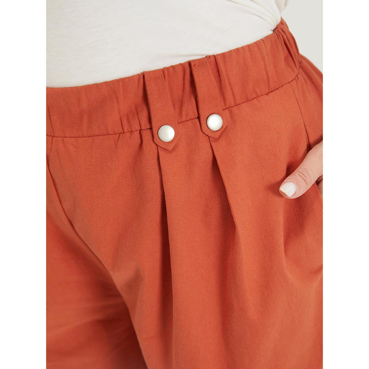 Plus Size Solid Pocket Pleated Roll Hem Button Detail Shorts Women Rust Elegant Plain Dailywear Shorts BloomChic 22-24/3X Product Image
