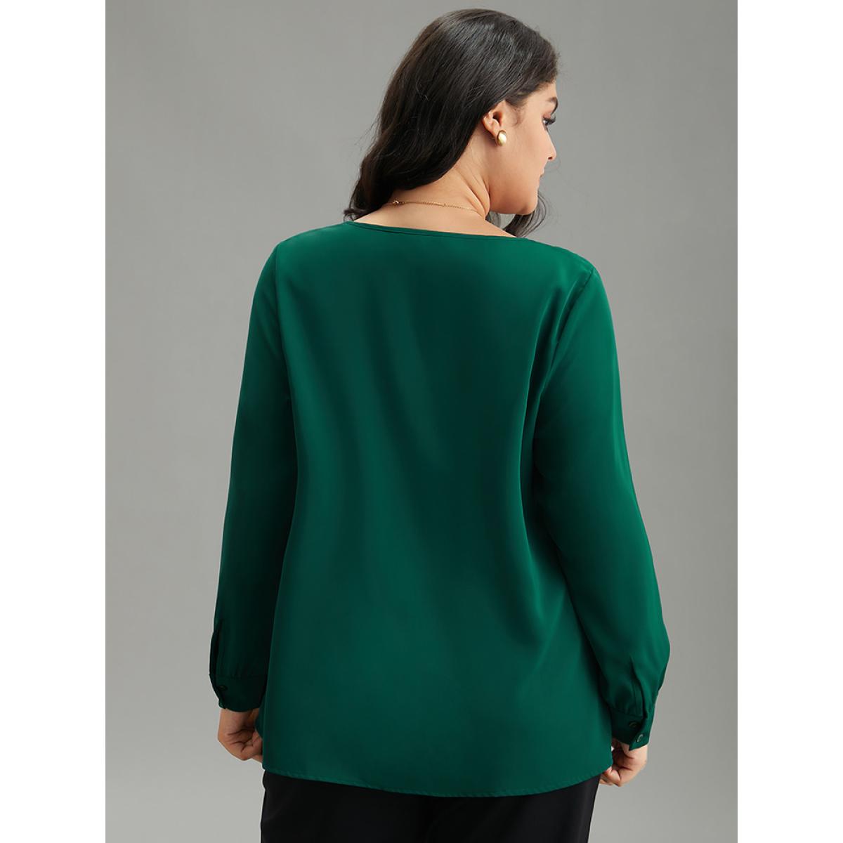 Plus Size DarkGreen Static-Free Button Detail Pleated Blouse Women Office Long Sleeve V-neck Office Blouses BloomChic 18-20/2X Product Image