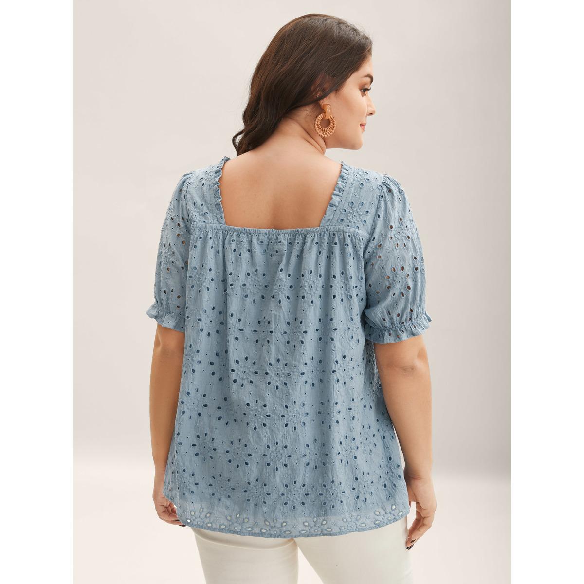 Plus Size Stone Eyelet Trim Shirred Neck Puffy Sleeve Blouse Women Short sleeve Square Neck Vacation Blouses BloomChic 26/4X Product Image
