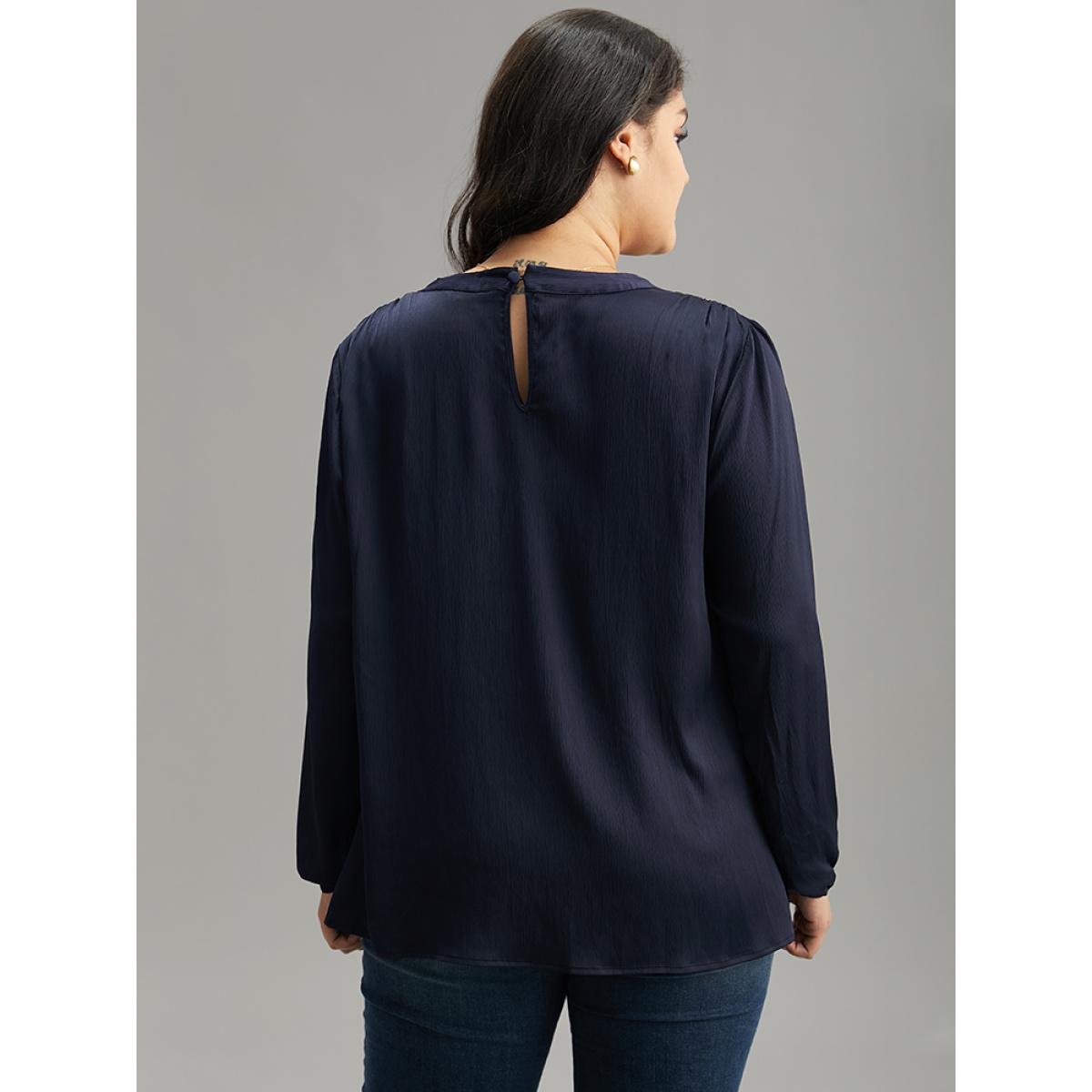 Plus Size Indigo Static-Free Plain Gathered Blouse Women Office Long Sleeve Round Neck Office Blouses BloomChic 22-24/3X Product Image