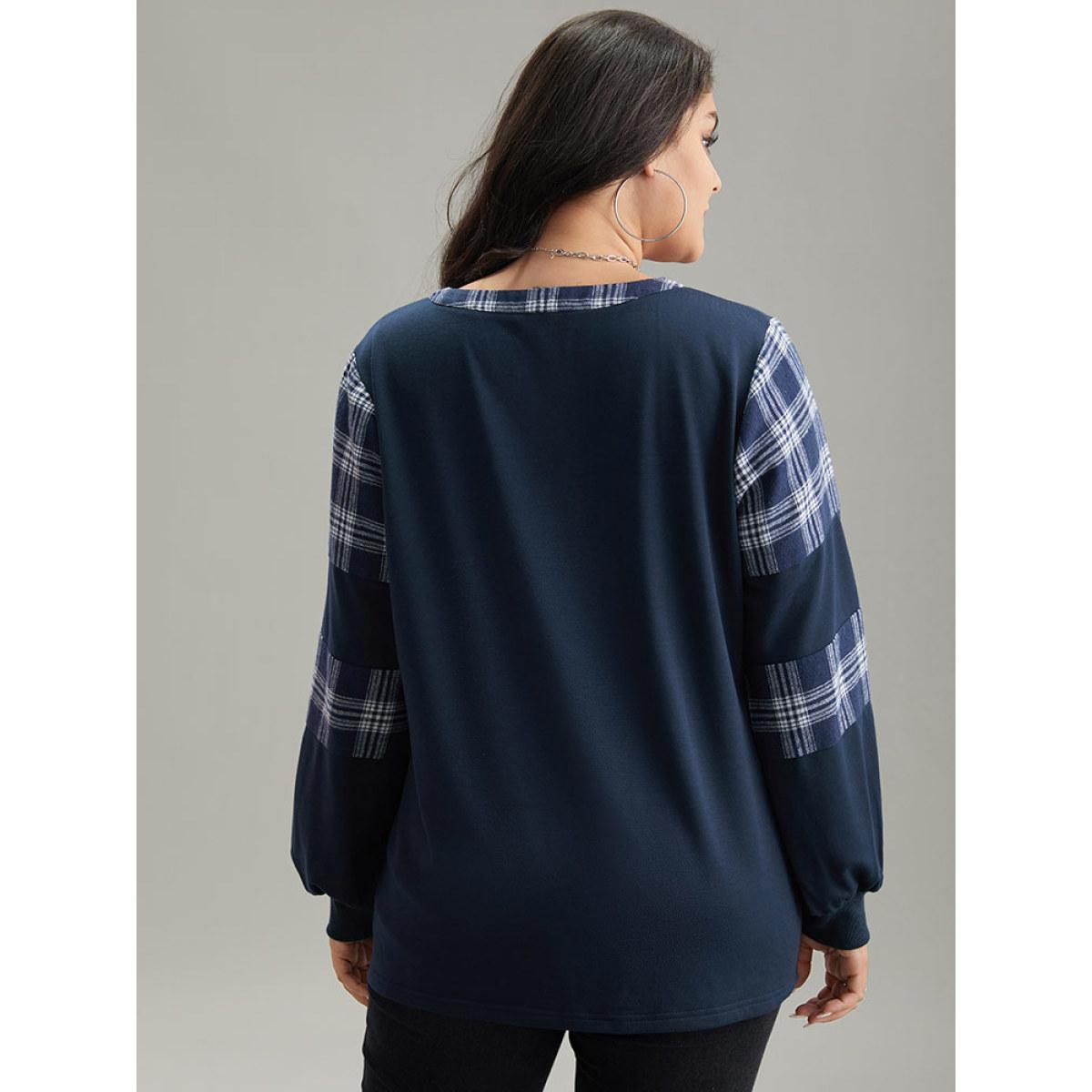 Plus Size Plaid Patchwork Button Up Rib Knit Sweatshirt Women Indigo Casual Elastic cuffs Open Front Dailywear Sweatshirts BloomChic 10/M Product Image