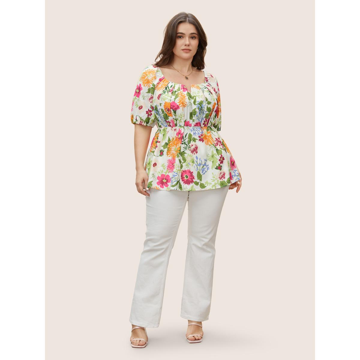 Plus Size Multicolor Floral Notched Collar Lantern Sleeve Blouse Women Elegant Half Sleeve Notched collar Everyday Blouses BloomChic 22-24/3X Product Image