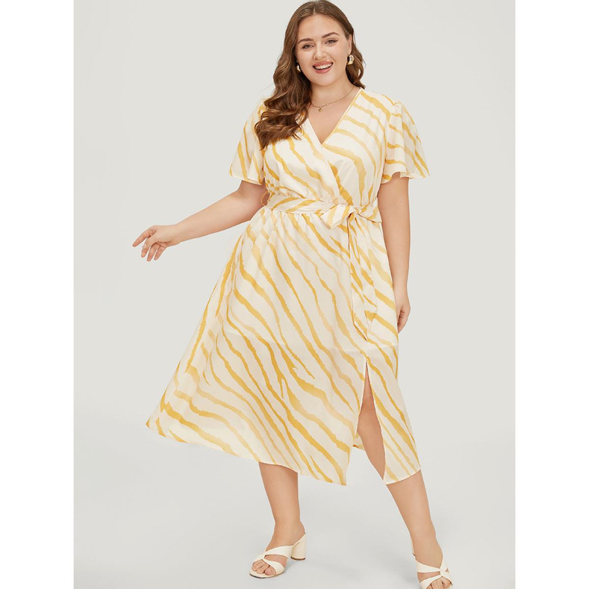 Plus Size Zebra Print Wrap Pocket Belt Ruffle Sleeve Split Dress Yellow Women Elegant Wrap V-neck Short sleeve Curvy Midi Dress BloomChic 18-20/2X Product Image