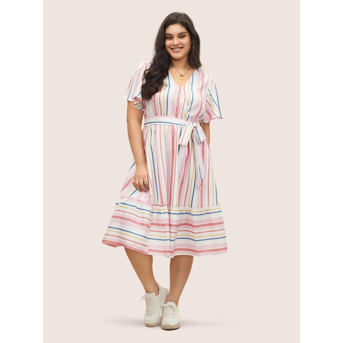 Plus Size Striped Wrap Patchwork Belted Frill Trim Dress White Women Casual Non Overlap Collar Short sleeve Curvy Midi Dress BloomChic 22-24/3X Product Image