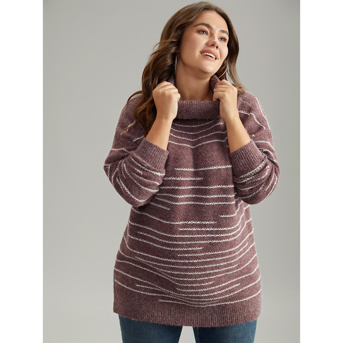Plus Size Striped Heather Turtleneck Split Hem Pullover Burgundy Women Casual Loose Long Sleeve Turtleneck Everyday Pullovers BloomChic 12/L Product Image