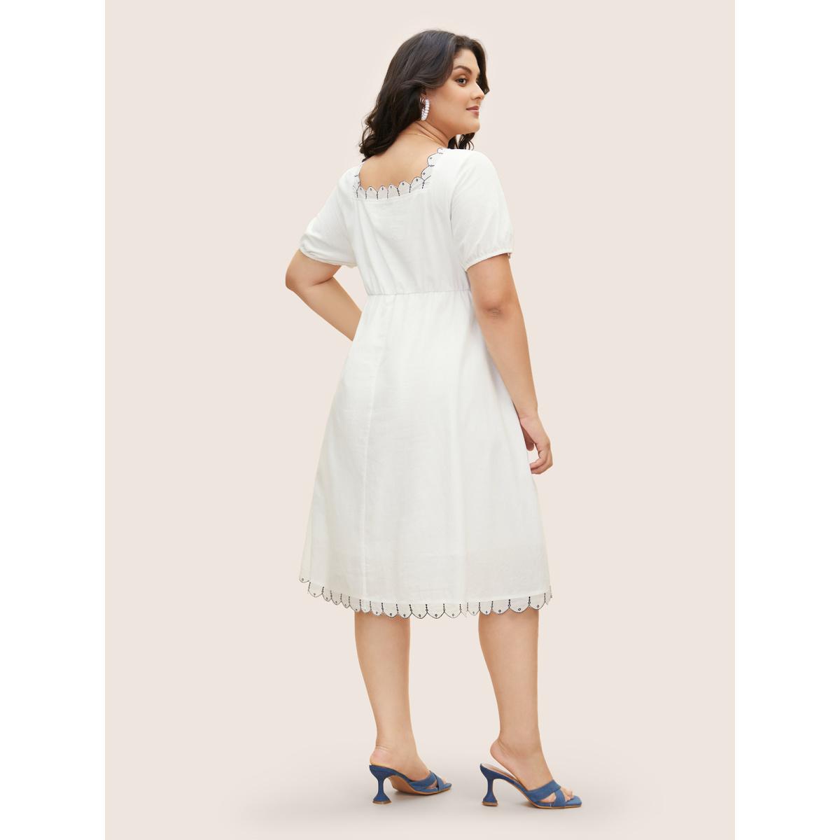 Plus Size Cotton Lace collar Lantern Sleeve Midi Dress Originalwhite Women Elegant Embroidered Lace collar Short sleeve Curvy BloomChic 14-16/1X Product Image