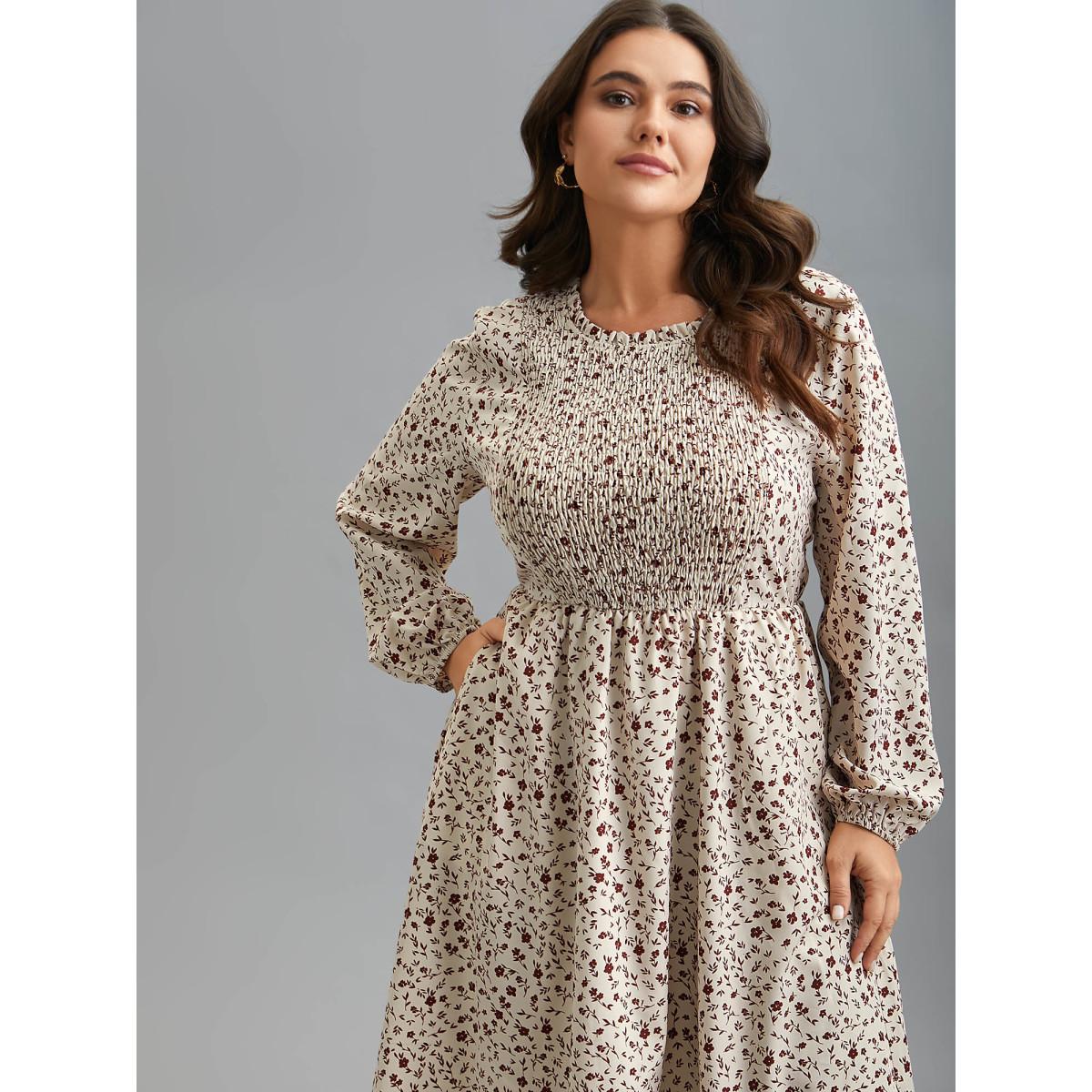 Plus Size Stretchy-Waist Printed Pockets Midi Dress Apricot Women Elegant Frill Trim Round Neck Long Sleeve Curvy BloomChic 22-24/3X Product Image