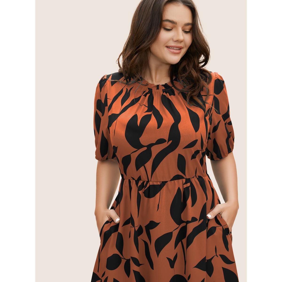 Plus Size Silhouette Floral Print Mock Neck Midi Dress Coral Women Elegant Gathered Mock Neck Short sleeve Curvy BloomChic 14-16/1X Product Image