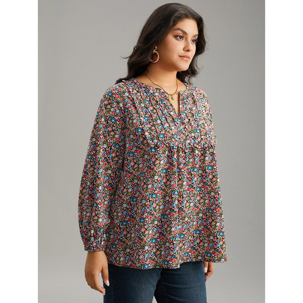Plus Size BlackFlower Ditsy Floral Notched Frill Trim Blouse Women Elegant Long Sleeve Notched collar Dailywear Blouses BloomChic 14-16/1X Product Image