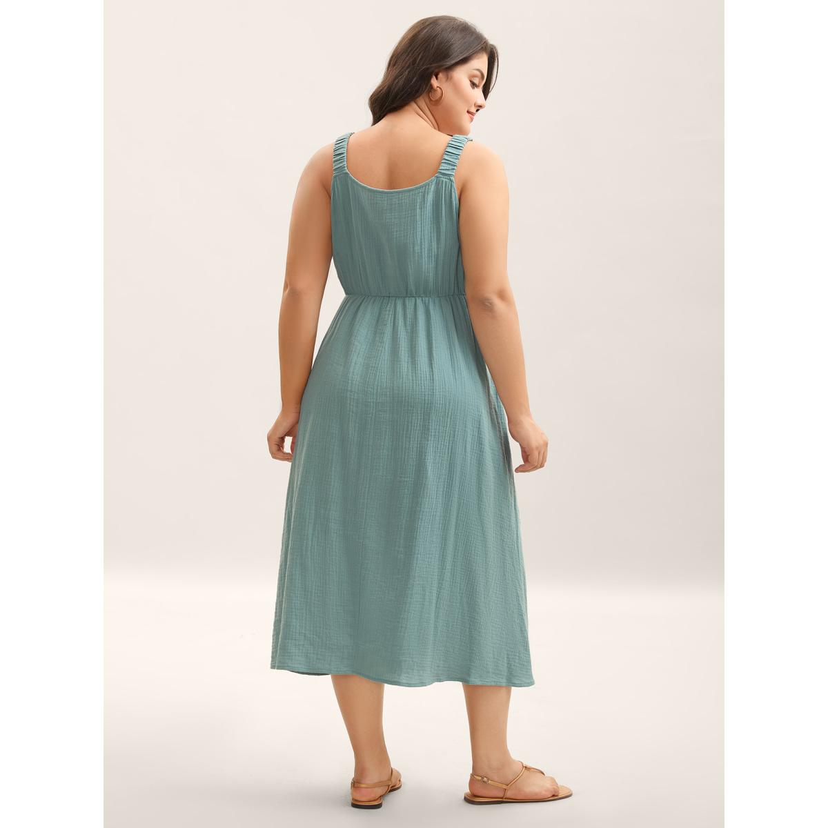 Plus Size Cotton Textured Cinched-Waist A-Line Midi Dress Teal Women Boho V-neck Sleeveless Curvy BloomChic 10/M Product Image