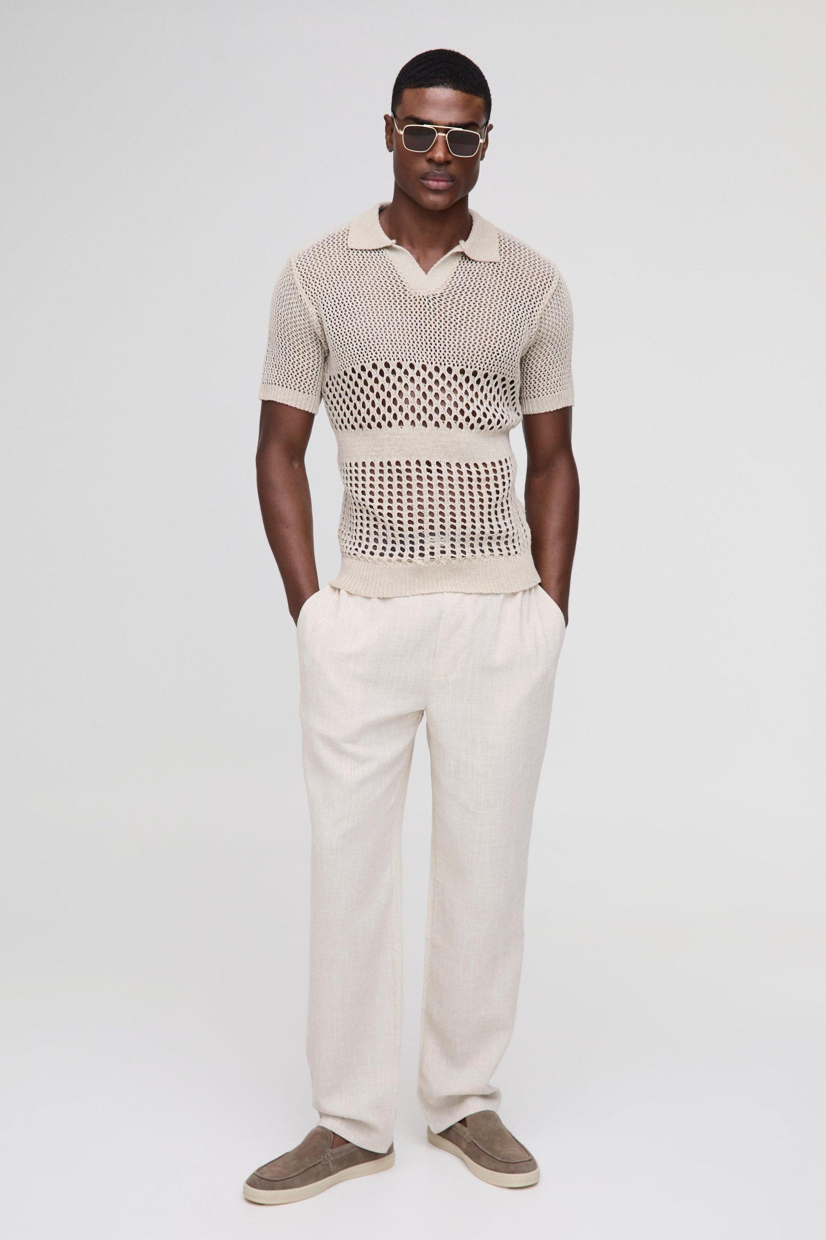 Muscle Fit Stitch Interest Button Neck Knitted Polo | boohooMAN USA Product Image