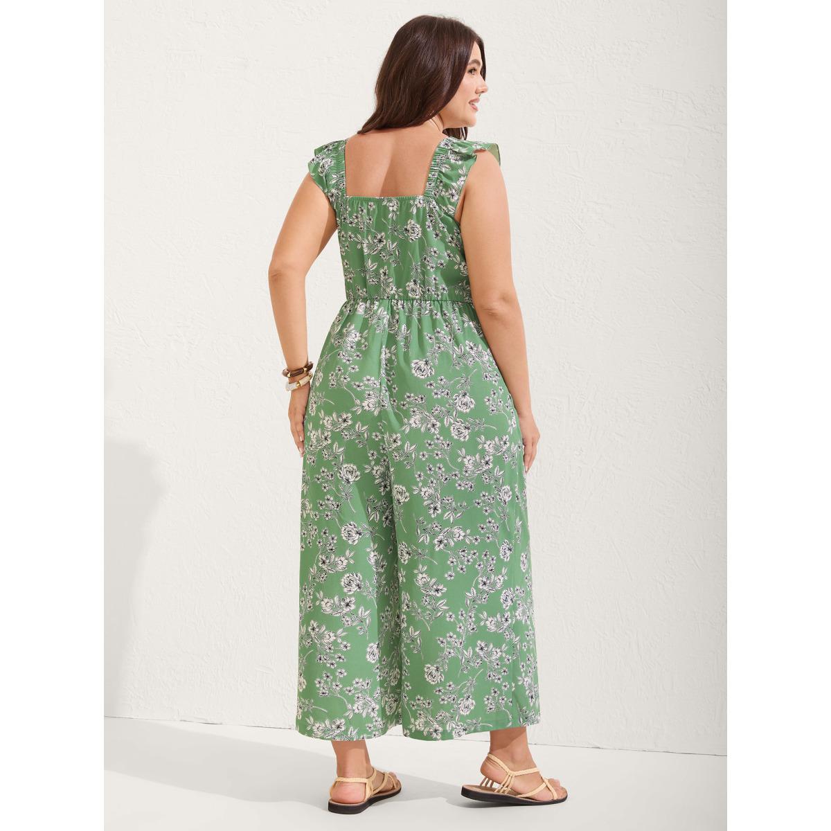 Plus Size Greenbean Floral Print Ruched Flutter Detail Jumpsuit Women Cap Sleeve Heart neckline Vacation Loose Jumpsuits BloomChic 26/4X Product Image