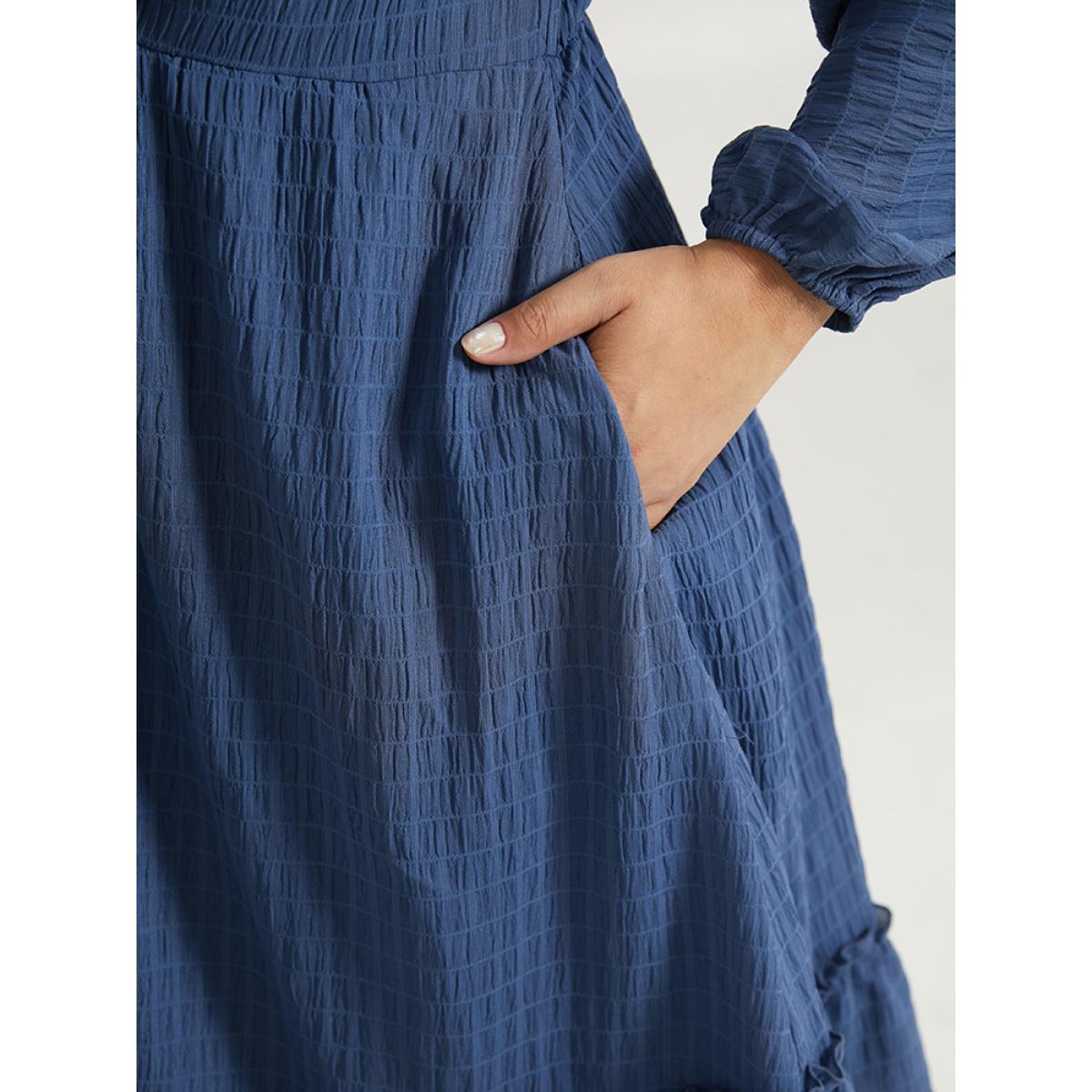 Plus Size Solid Plisse Ties Frill Trim Ruched Dress Cerulean Women Elegant Elastic cuffs Tie Neck Long Sleeve Curvy Midi Dress BloomChic 26/4X Product Image