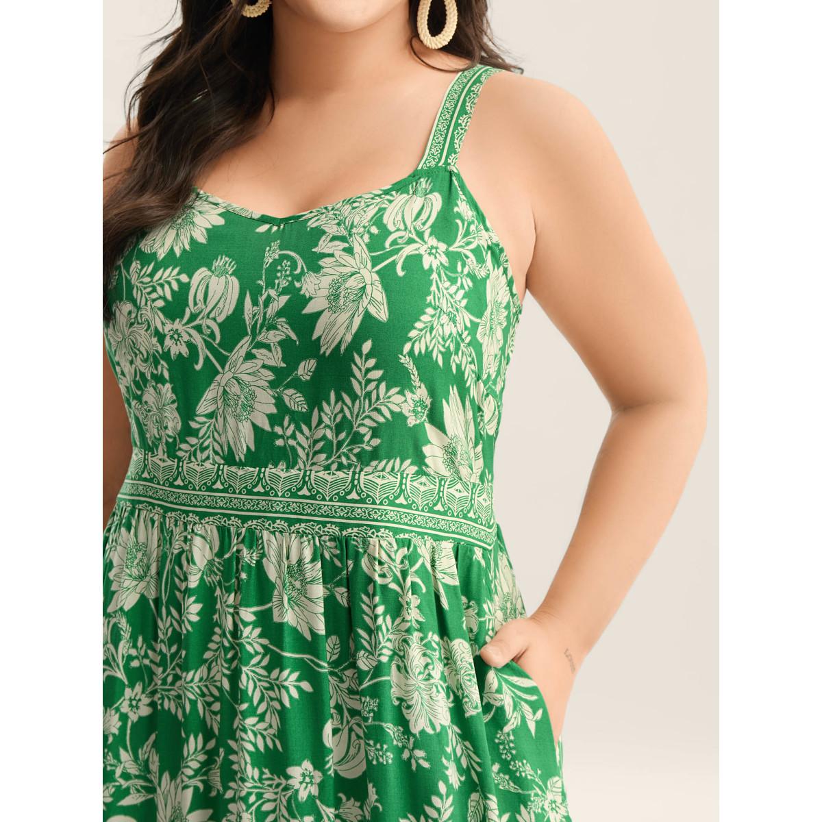 Plus Size Breezy Floral Print Adjustable Straps Midi Dress Emerald Women Non Sleeveless Curvy BloomChic 14-16/1X Product Image