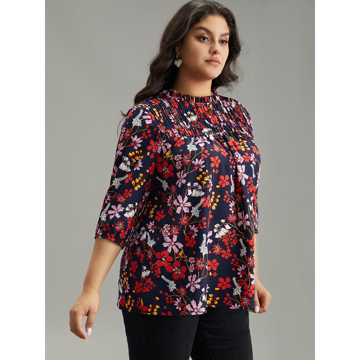 Plus Size Multicolor Floral Print Frill Trim Cut Out Blouse Women Elegant Elbow-length sleeve Round Neck Everyday Blouses BloomChic 14-16/1X Product Image