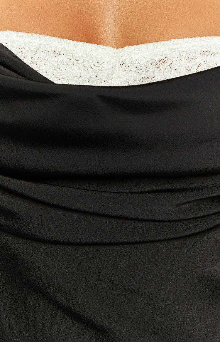 Evelyn Lace Detail Black Satin Maxi Dress Product Image