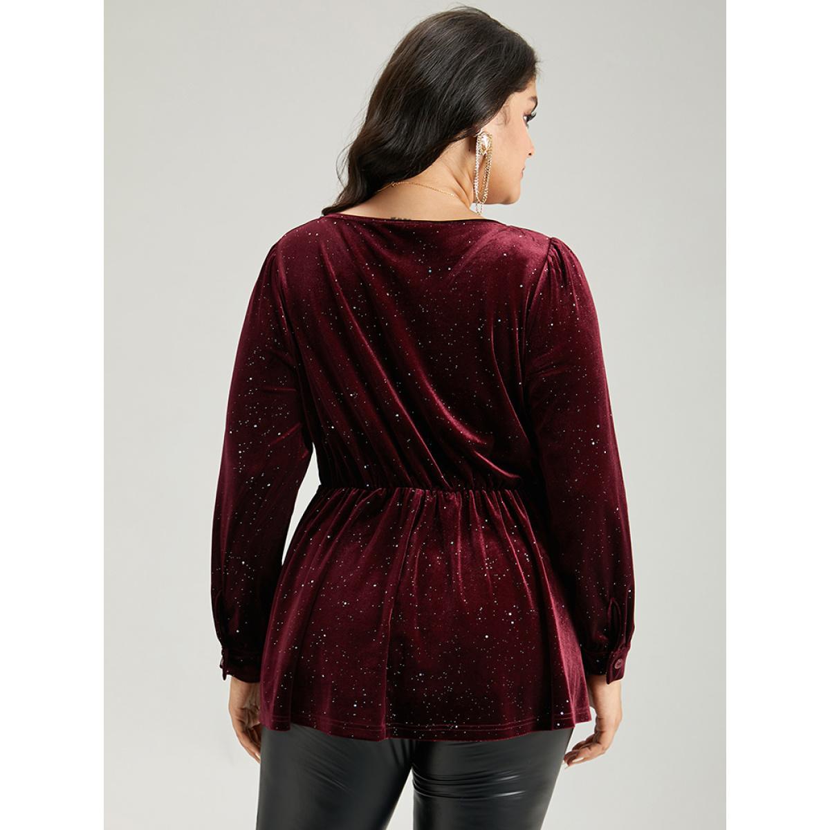 Plus Size Scarlet Glitter Sequin Velvet Twist Front V Neck Blouse Women Cocktail Long Sleeve V-neck Party Blouses BloomChic 14-16/1X Product Image