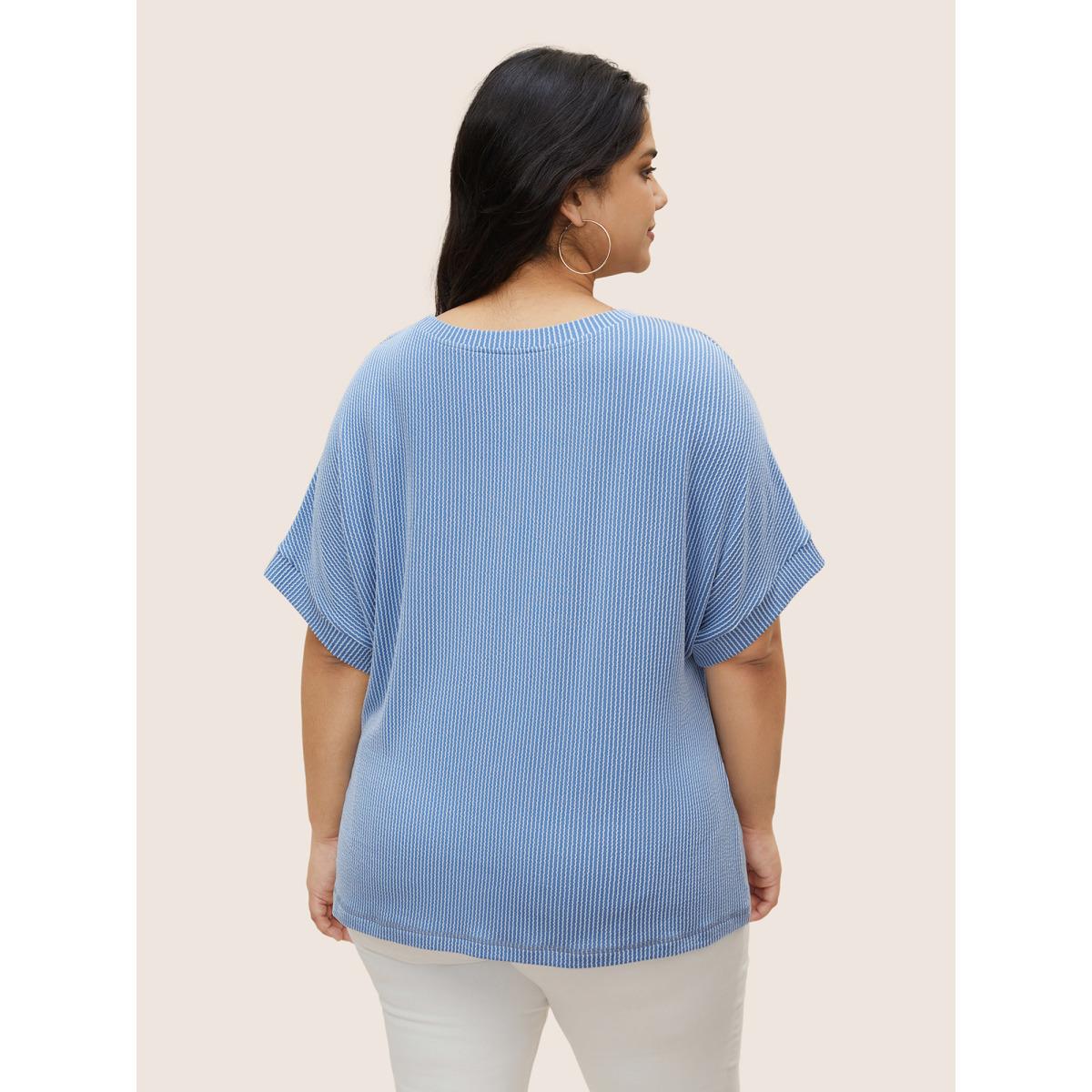 Plus Size Striped Round Neck Batwing Sleeve T-shirt Blue Women Casual Round Neck Everyday T-shirts BloomChic 12/L Product Image