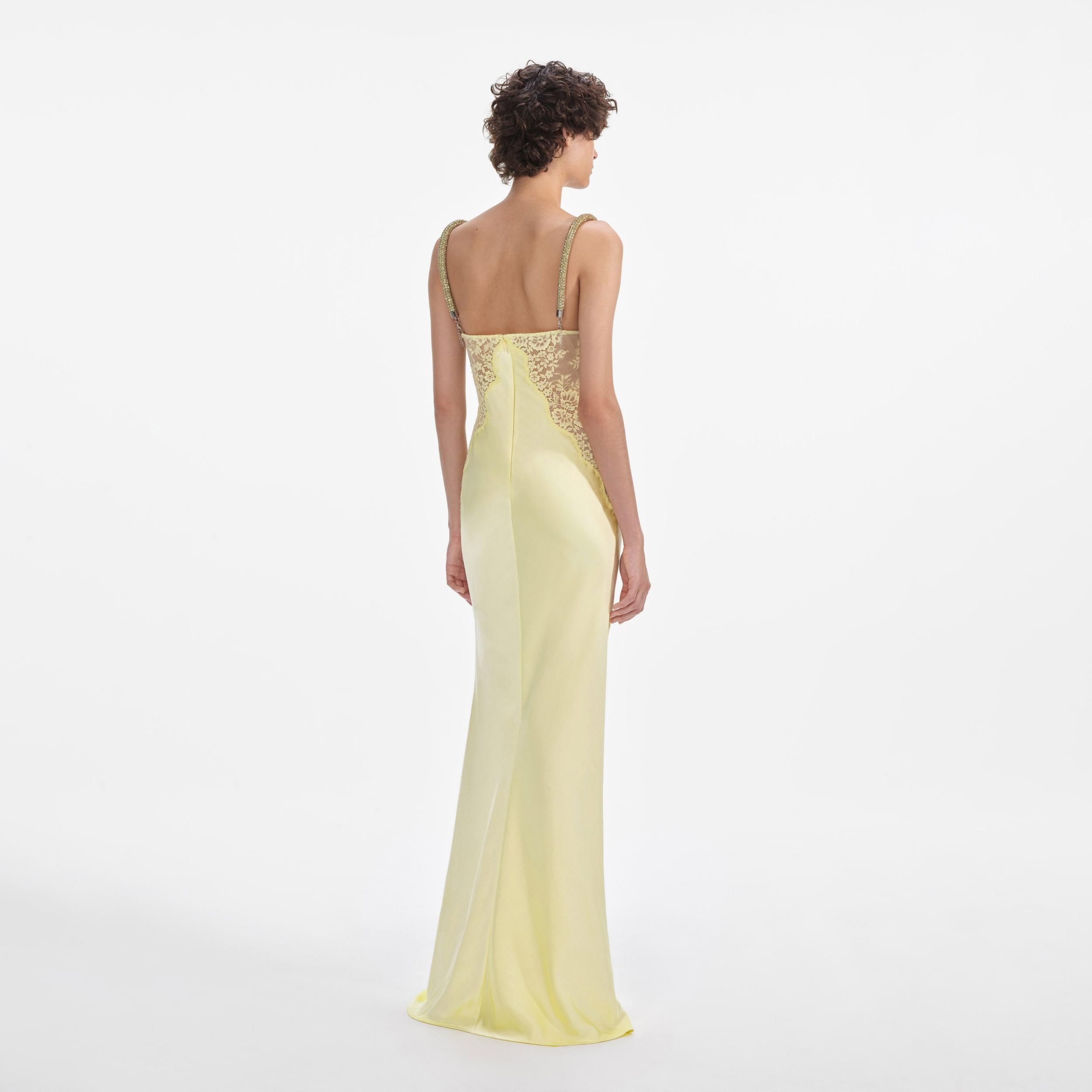 Yellow Lace Satin Maxi Dress Product Image