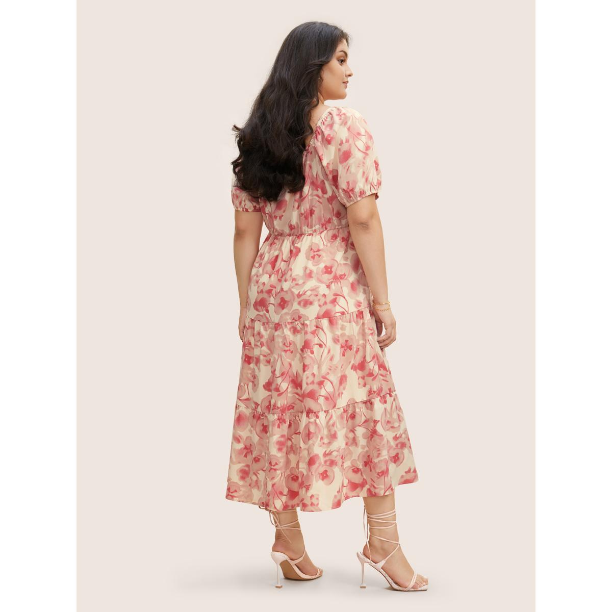 Plus Size Floral Drawstring Tie Knot Puff Sleeve Midi Dress Blush Women Elegant Gathered Square Neck Short sleeve Curvy BloomChic 30/6X Product Image