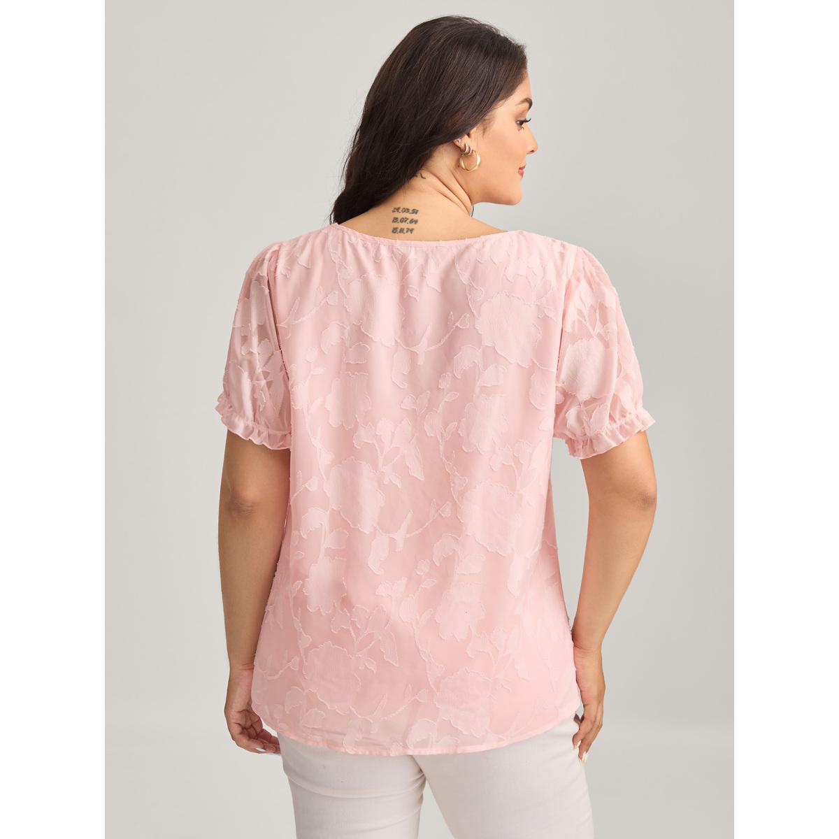 Plus Size MistyRose Floral Textured Button Detail Blouse Women Romantic Elbow-length sleeve Square Neck Elegant Blouses BloomChic 30/6X Product Image