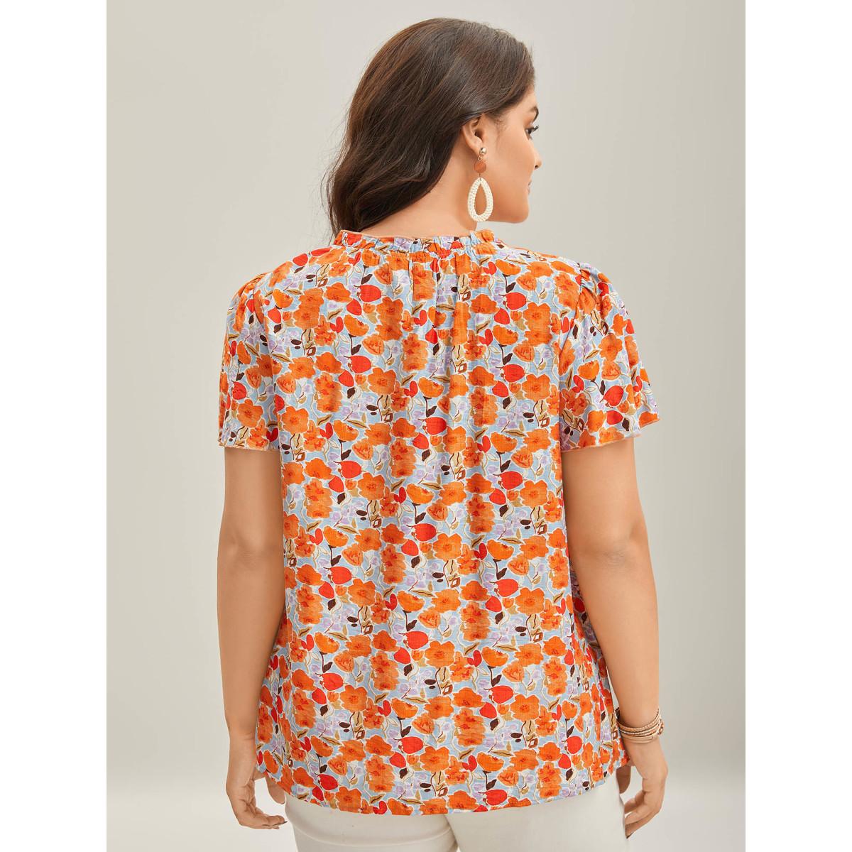 Plus Size LightBlue In Full Bloom Mock Neck Shirt Women Resort Cap Sleeve Stand-up collar Vacation Blouses BloomChic 22-24/3X Product Image