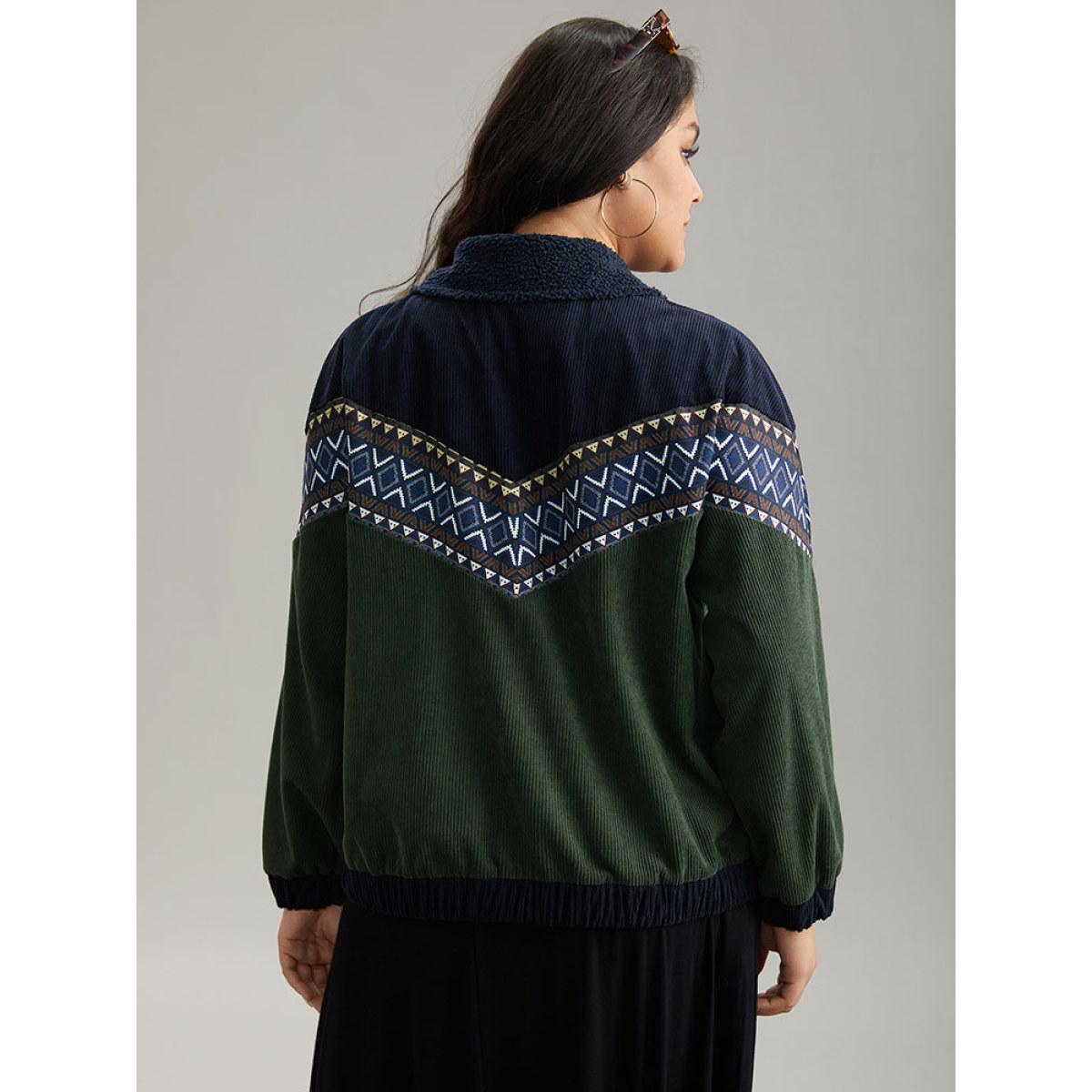 Plus Size Lapel Collar Geometric Patchwork Jacket Women ArmyGreen Elastic cuffs Dailywear Jackets BloomChic 12/L Product Image