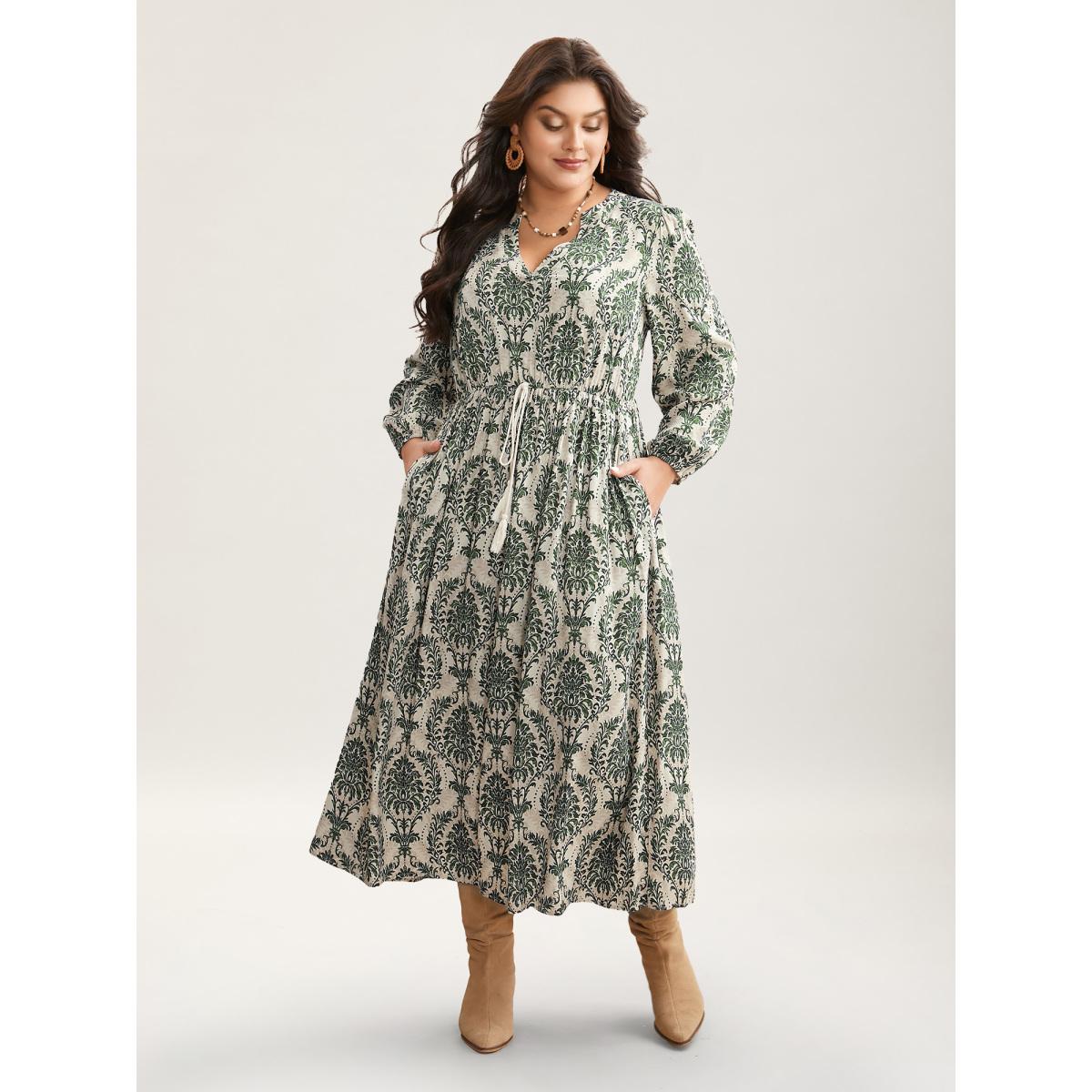 Plus Size Boho Print Notched Tie Knot Maxi Dress Greenbean Women Resort Tie knot Flat collar with V-notch Long Sleeve Curvy BloomChic 28/5X Product Image