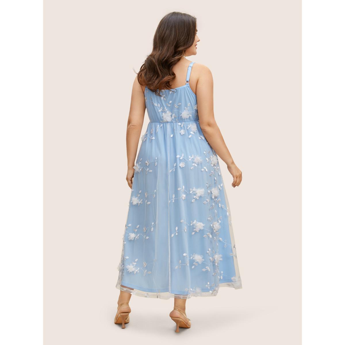 Plus Size Mesh Floral Embroidered Woven Ribbon Cami Dress LightBlue Women Formal Woven ribbon&lace trim Square Neck Sleeveless Curvy BloomChic 12/L Product Image