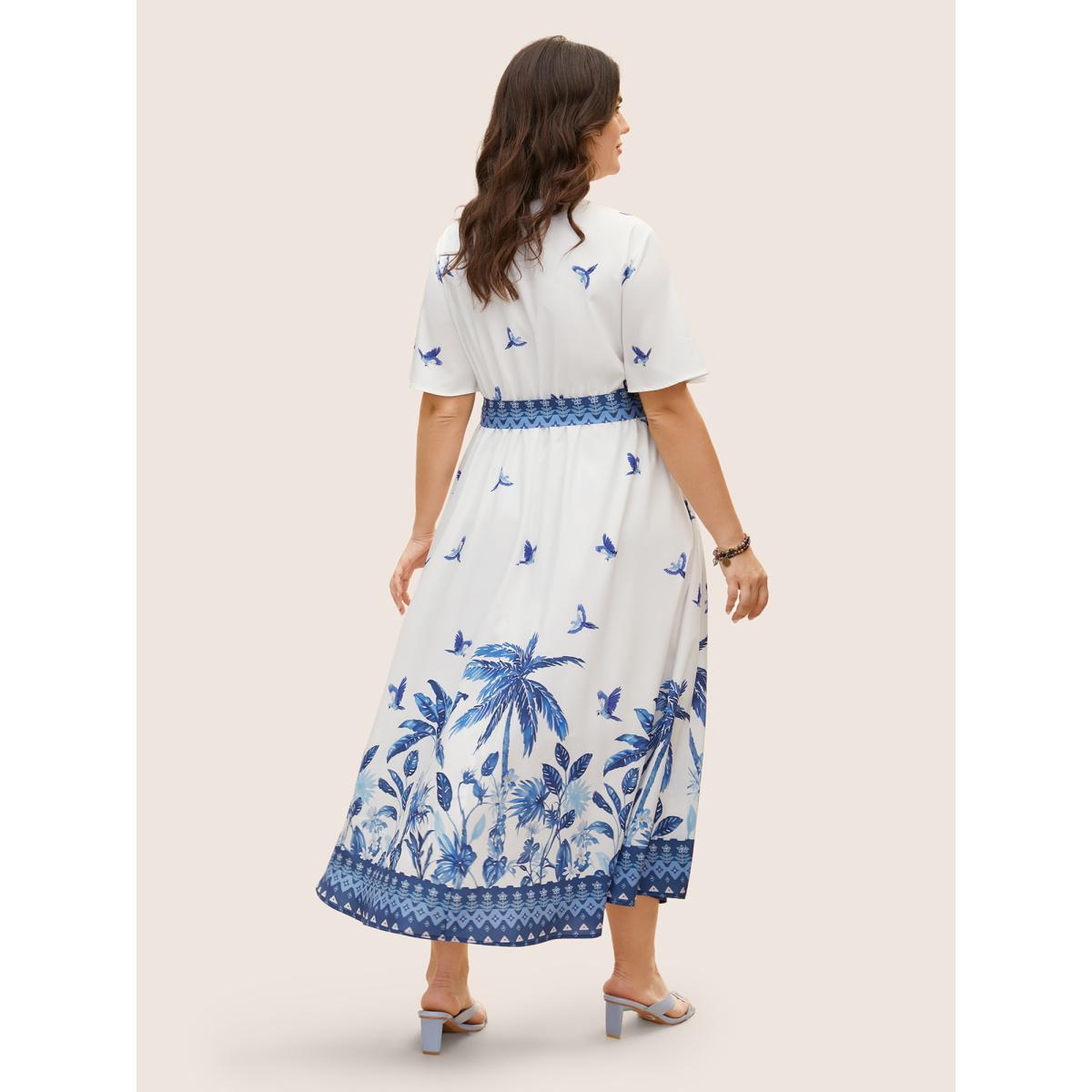 Plus Size V Neck Tropical Print Ruffle Sleeve Maxi Dress Mediumblue Women Resort Tie knot V-neck Short sleeve Curvy BloomChic 10/M Product Image