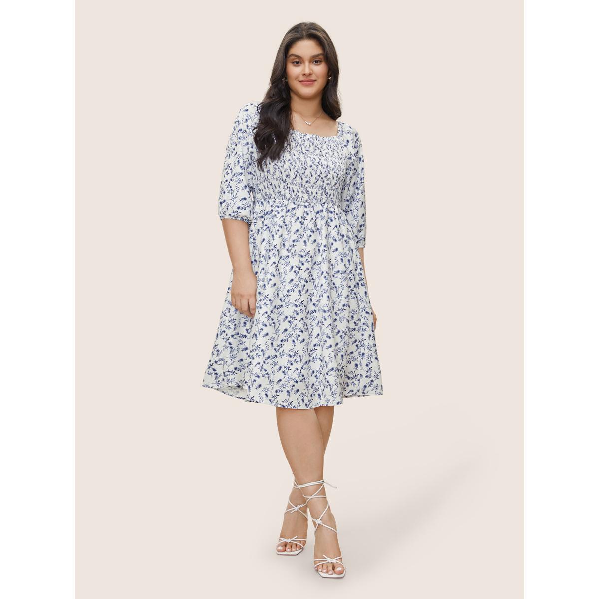 Plus Size Ditsy Floral Square Neck Shirred Lantern Sleeve Dress White Women Elegant Non Square Neck Elbow-length sleeve Curvy Midi Dress BloomChic 22-24/3X Product Image