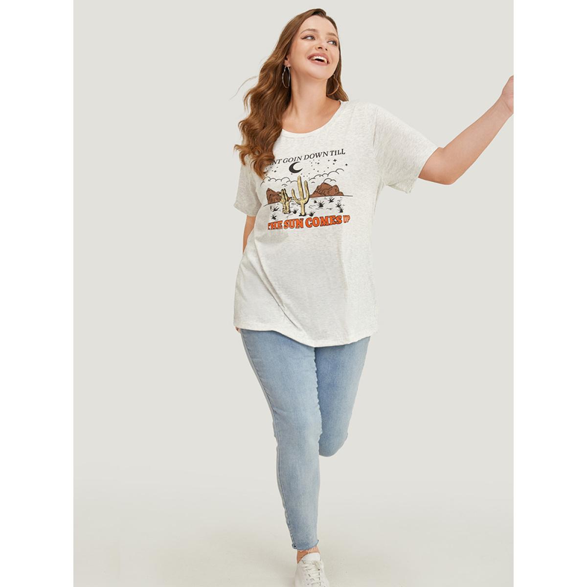 Plus Size Cactus & Letter Print Short Sleeve Graphic Tee LightGray Women Casual Western Dailywear T-shirts BloomChic 28/5X Product Image