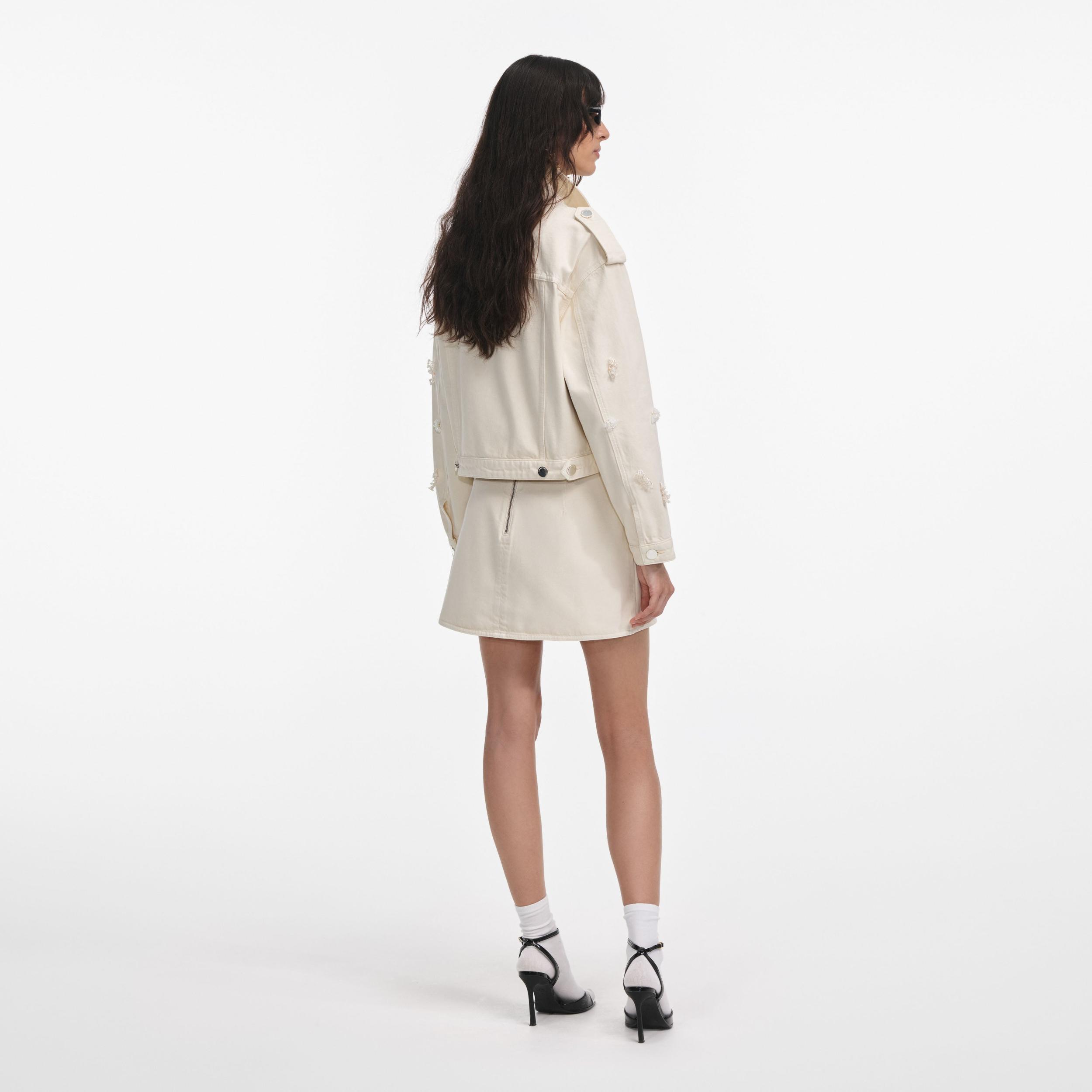 Cream Denim Beaded Floral Mini Skirt Product Image