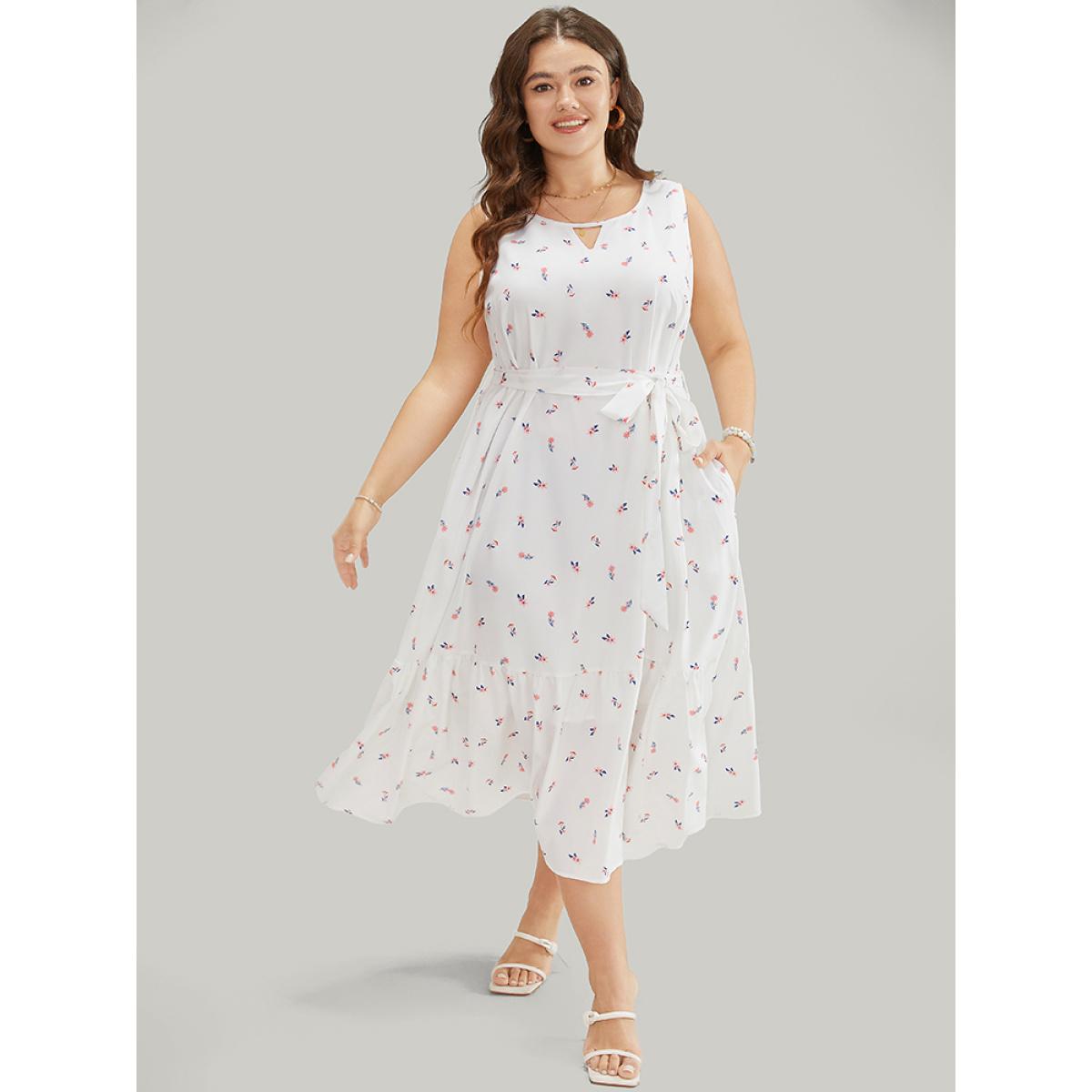 Plus Size Ditsy Floral Pocket Belted Keyhole Neck Flutter Tank Dress White Women Elegant Belted Keyhole Cut-Out Sleeveless Curvy Midi Dress BloomChic 28/5X Product Image