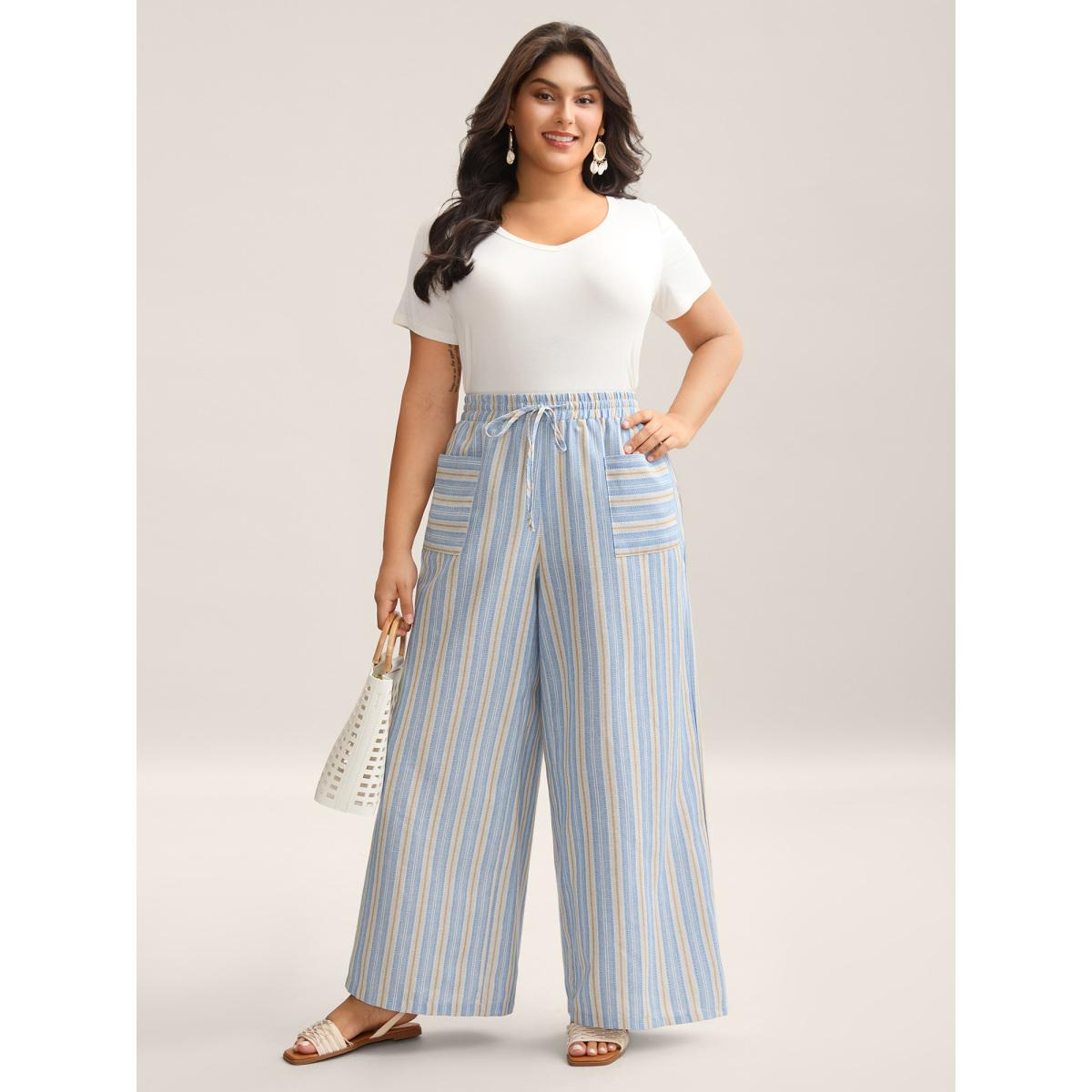 Plus Size Stripes Pockets Wide-Leg Pants Women LightBlue Resort Wide Leg Mid Rise Vacation Pants BloomChic 22-24/3X Product Image