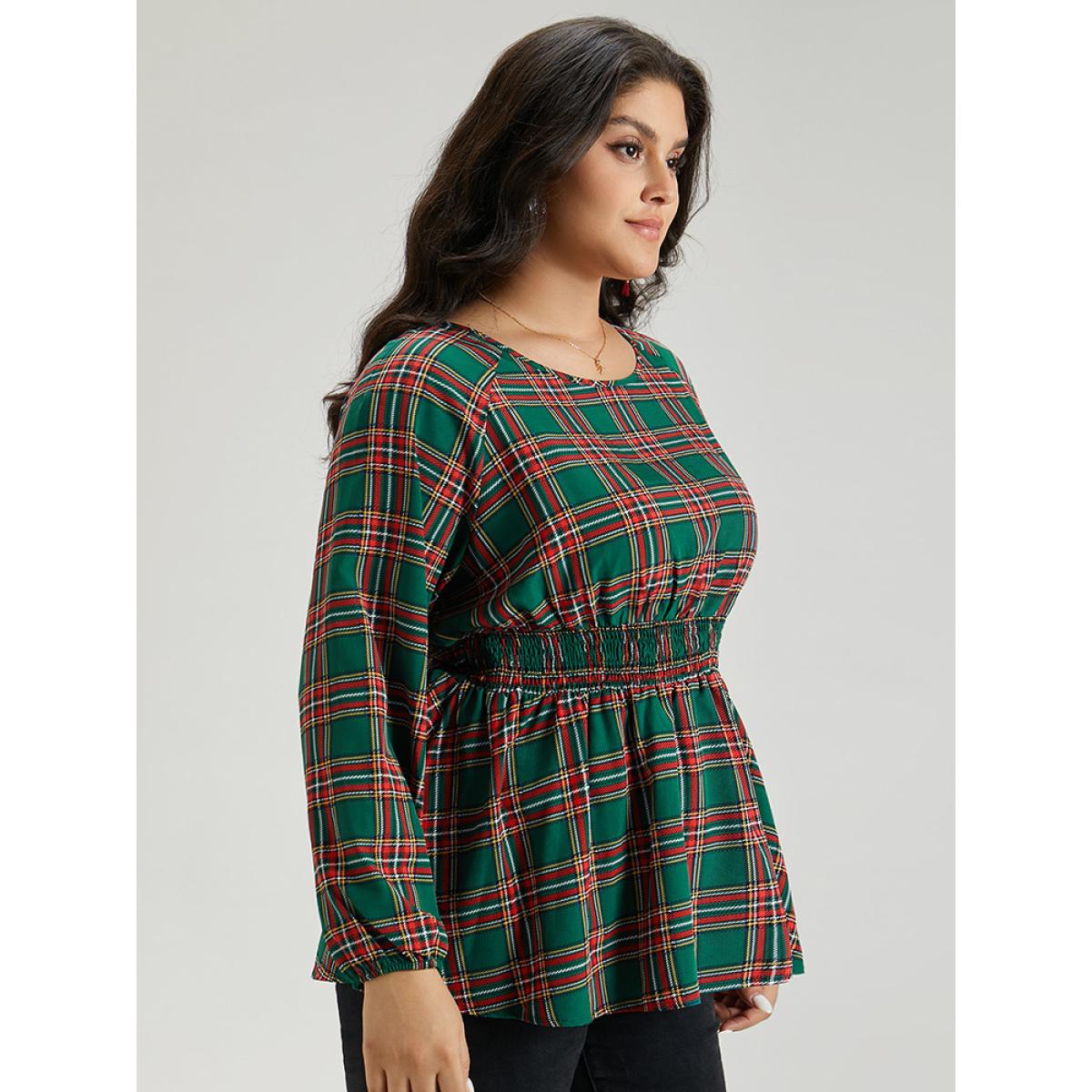 Plus Size Green Christmas Plaid Shirred Ruffle Hem Blouse Women Elegant Long Sleeve Round Neck Festival-Christmas Blouses BloomChic 12/L Product Image