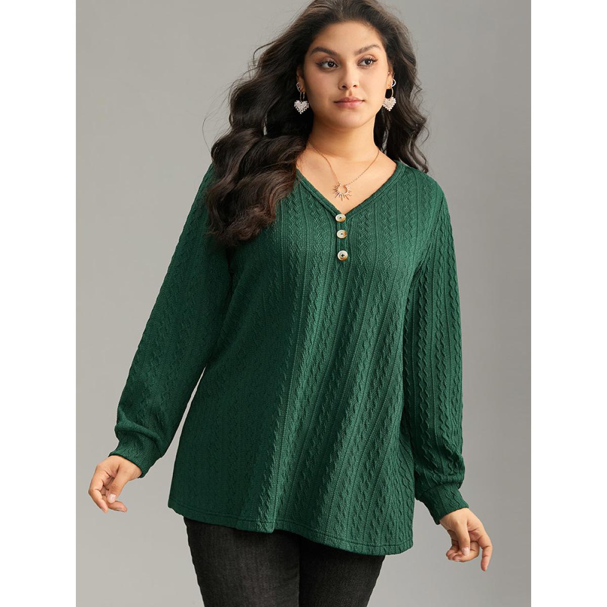 Plus Size Textured Plain Button Up V Neck Sweatshirt Women Green Casual Texture V-neck Dailywear Sweatshirts BloomChic 22-24/3X Product Image