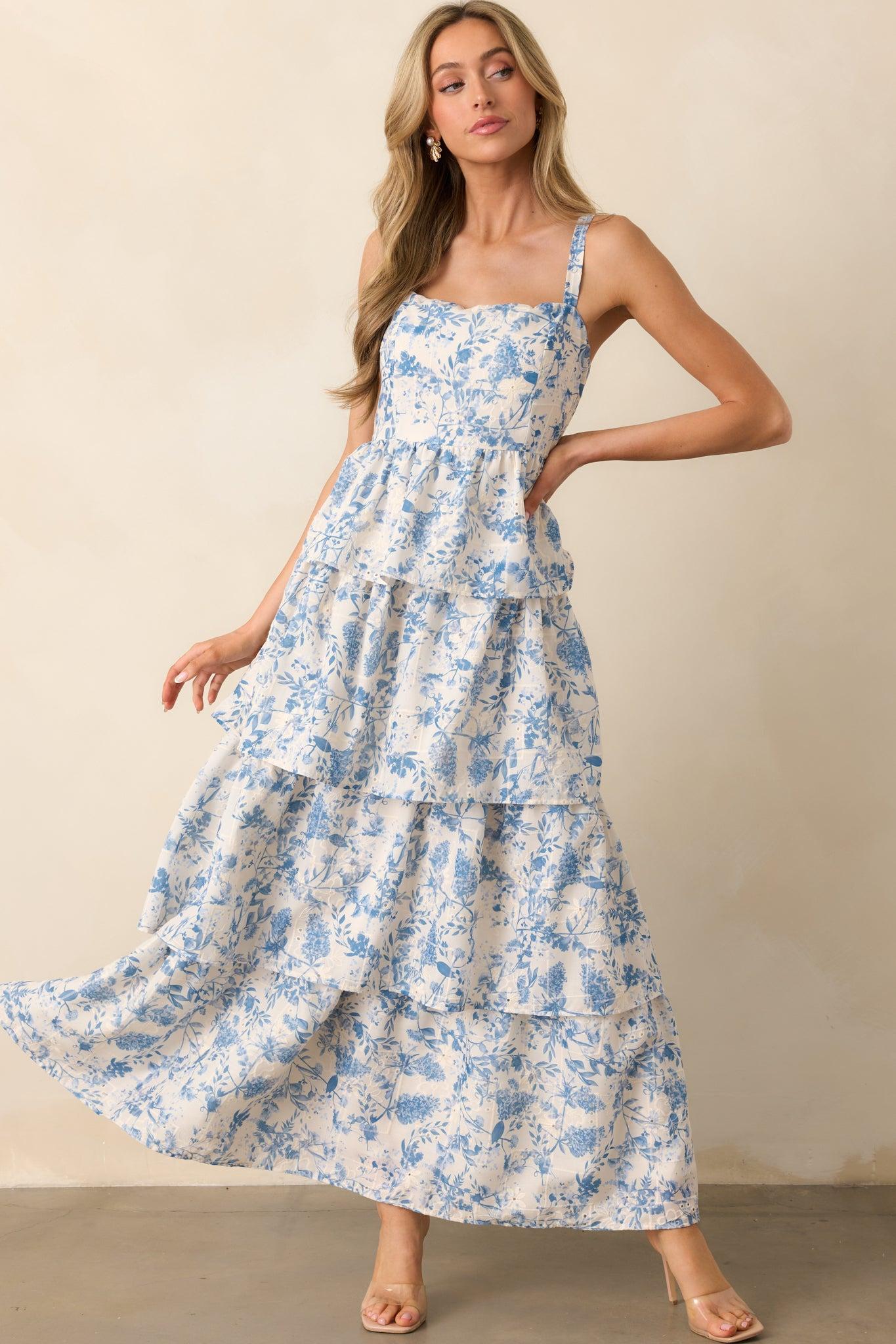 Happy To Be Here Blue Floral Embroidered Eyelet Maxi Dress Product Image