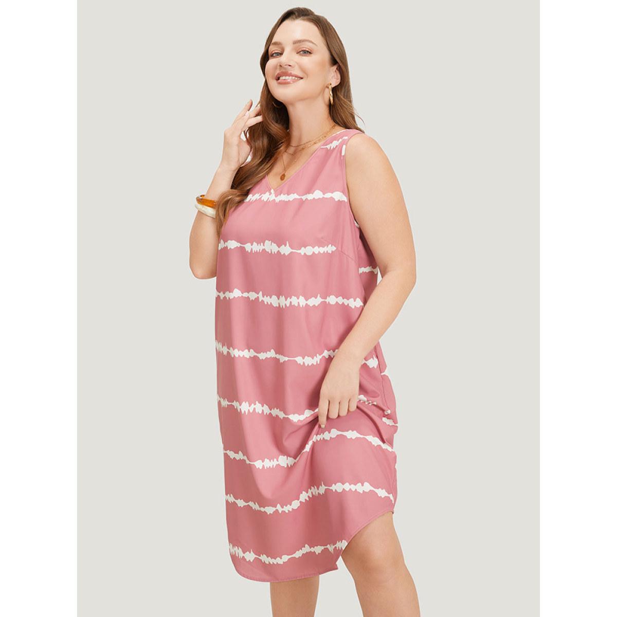 Plus Size Tie Dye Striped Pocket V Neck Arc Hem Tank Dress Watermelon Women Vacation V-neck Sleeveless Curvy Midi Dress BloomChic 22-24/3X Product Image
