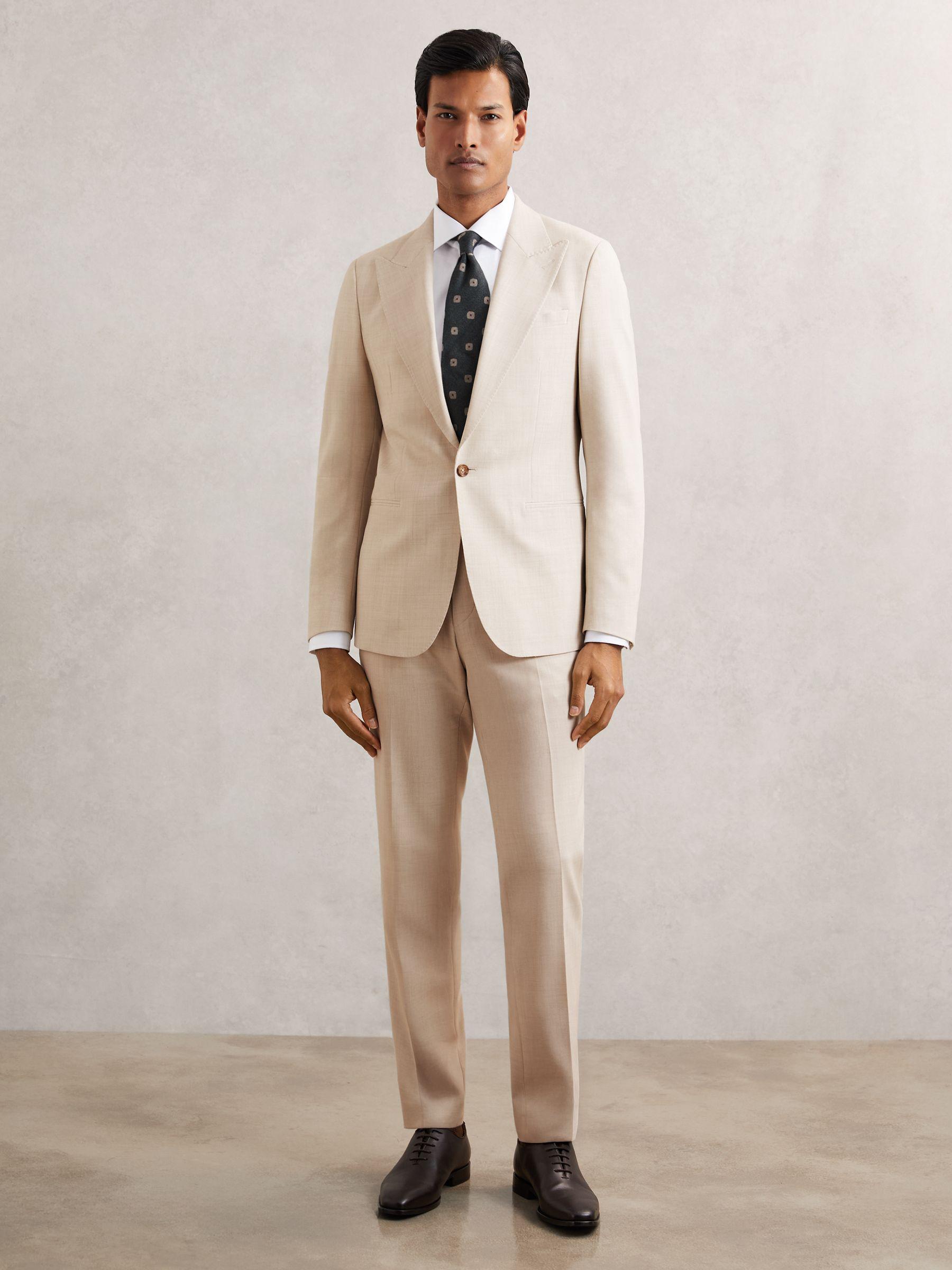 Single-Breasted Textured Suit Blazer Slim-Fit With Wool in Stone Product Image