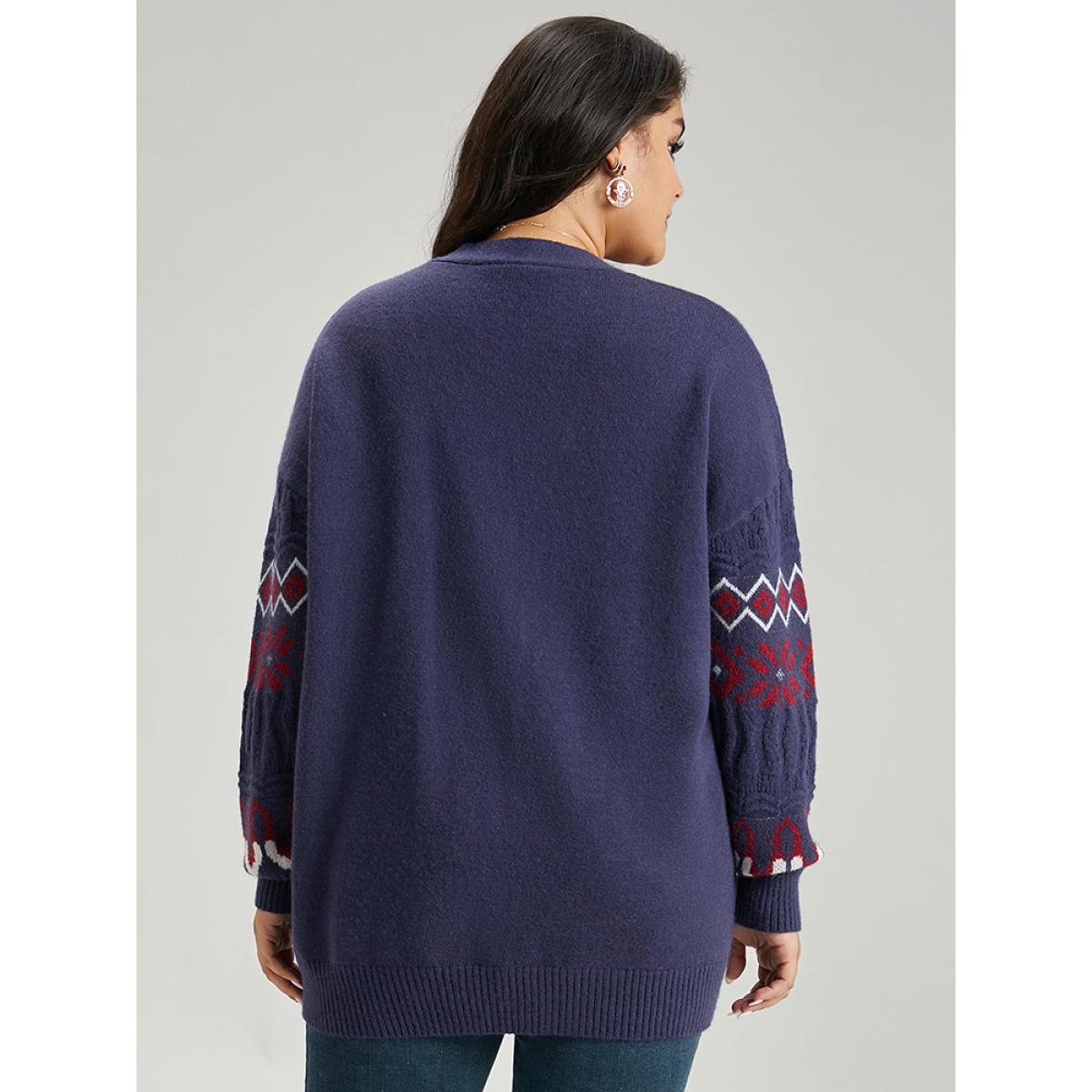 Plus Size Geometric Graphic Contrast Elastic Cuffs Button Up Cardigan Multicolor Women Casual Loose Long Sleeve Festival-Christmas Cardigans BloomChic 26/4X Product Image