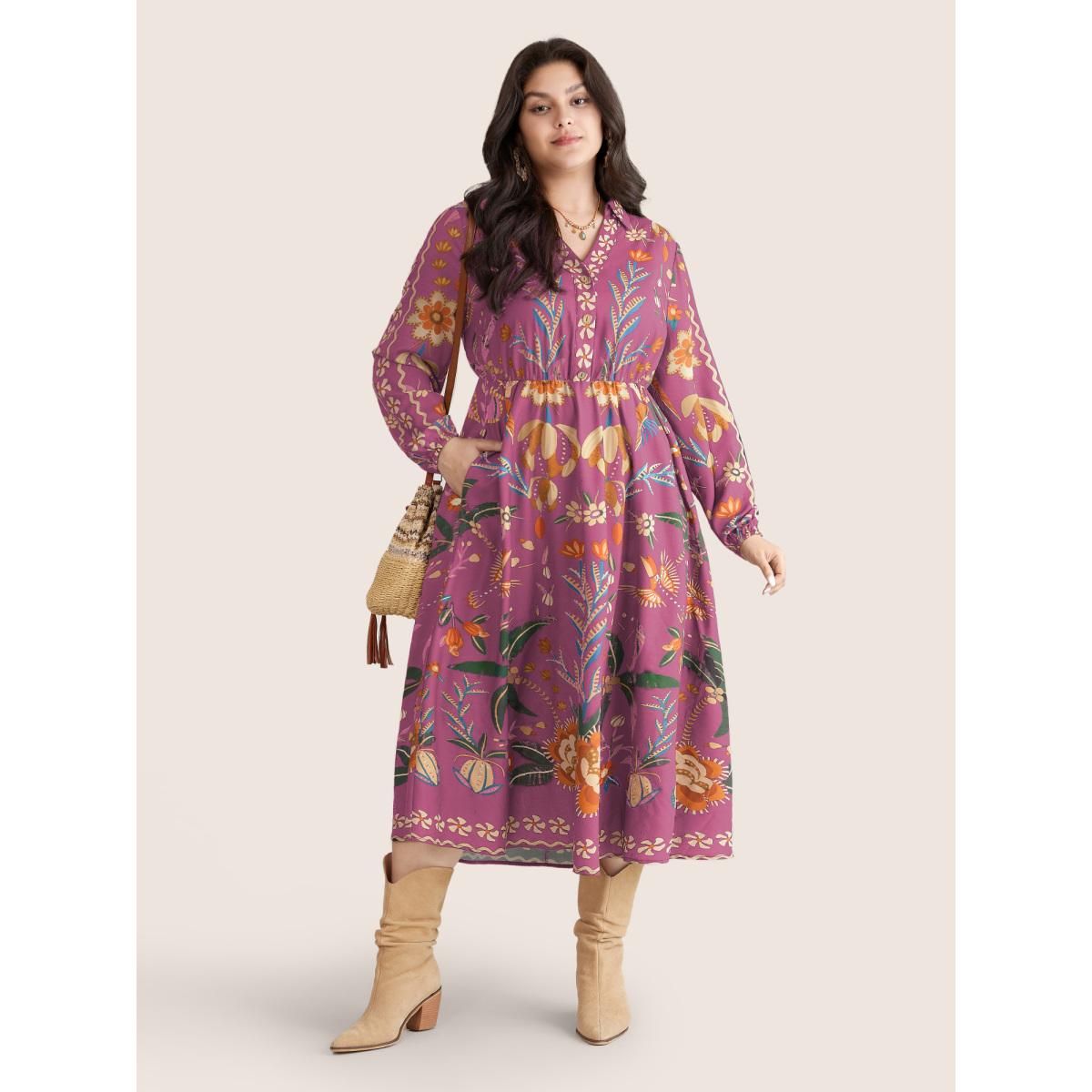Plus Size Bandana Print Pocket Lapel Collar Elastic Cuffs Dress Lilac Women Resort Non V-neck Long Sleeve Curvy Midi Dress BloomChic 14-16/1X Product Image